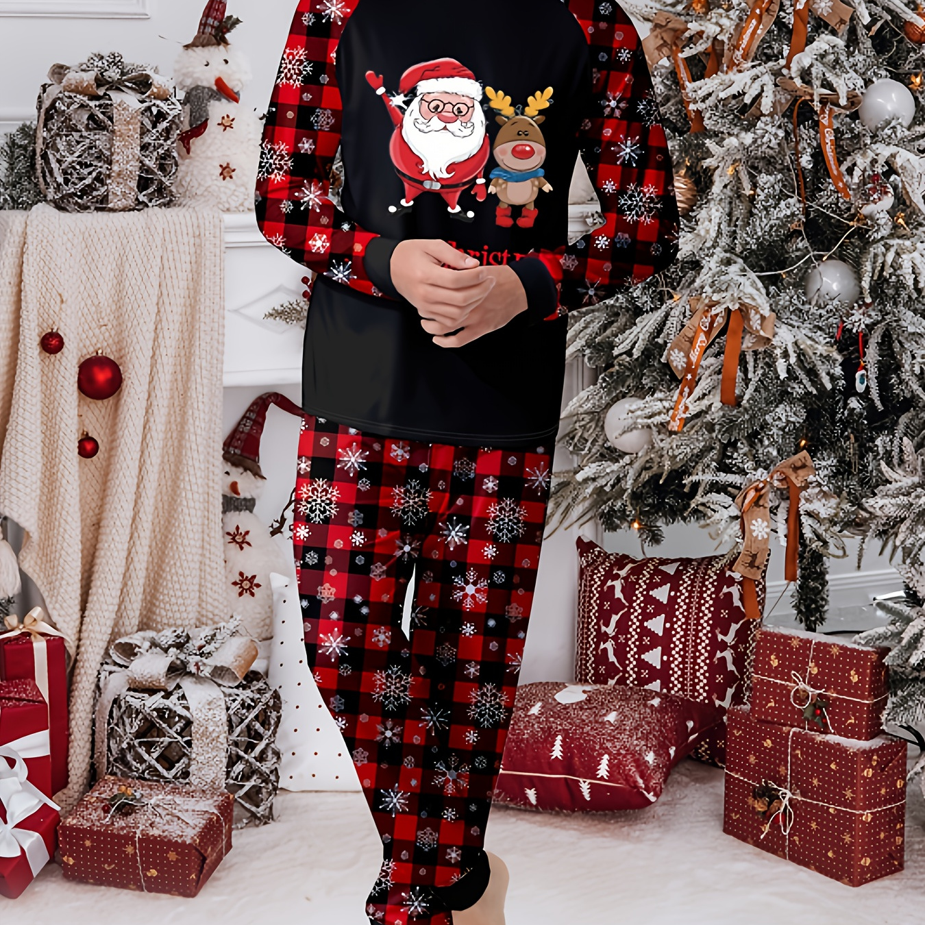 

Christmas Home Clothes, Christmas Cartoon Printed Pajamas, Checkered Long Sleeved Men's Pajamas Set