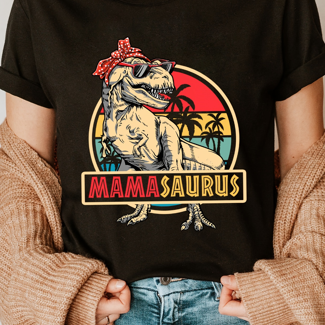 

Mama Dinosaur Print Crew Neck T-shirt, Short Sleeve Casual Top For Summer & Spring, Women's Clothing