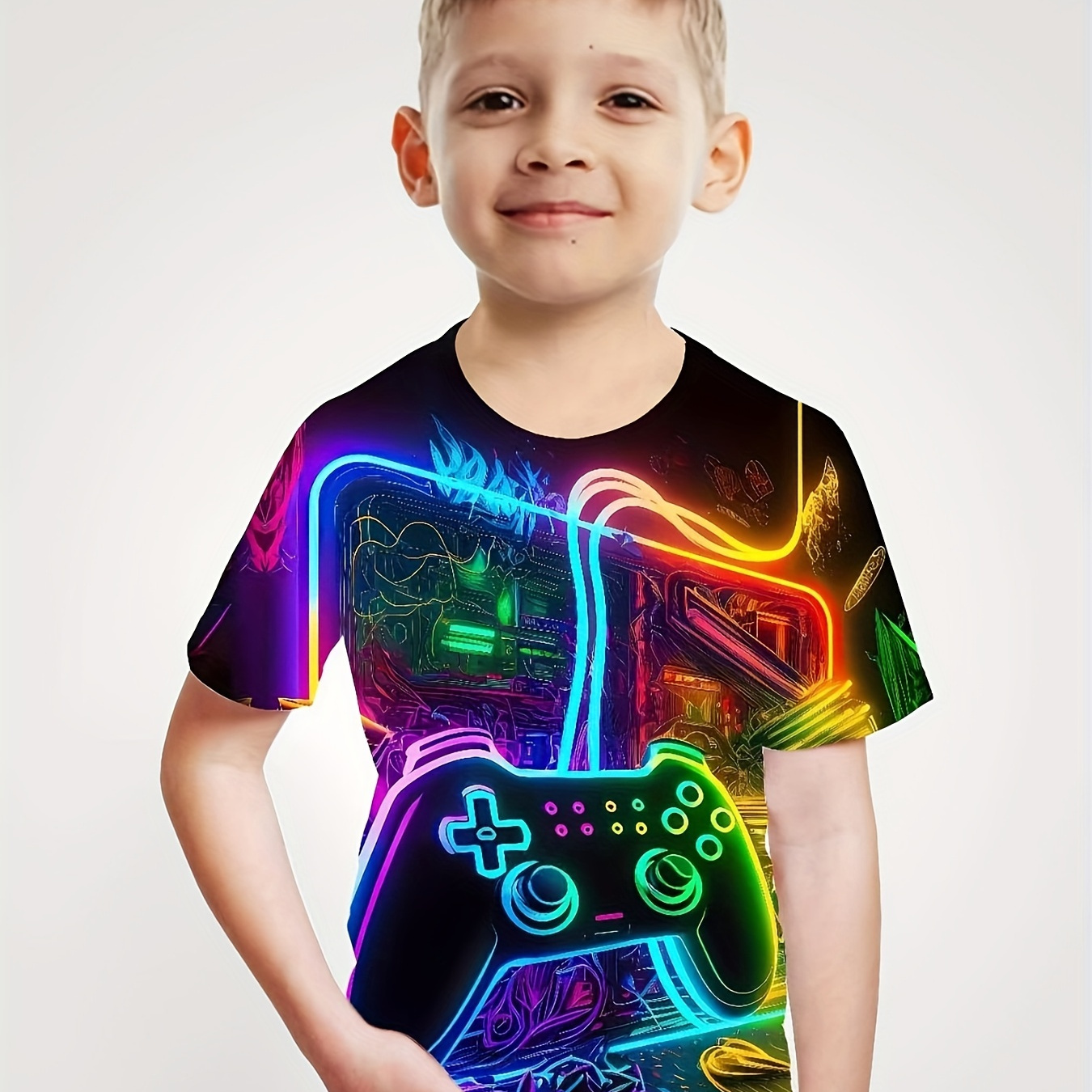 

Cool Game Console 3d Print Boy's Short Sleeve T-shirt Breathable Loose Fitting Round Neck Creative Pattern Casual Top