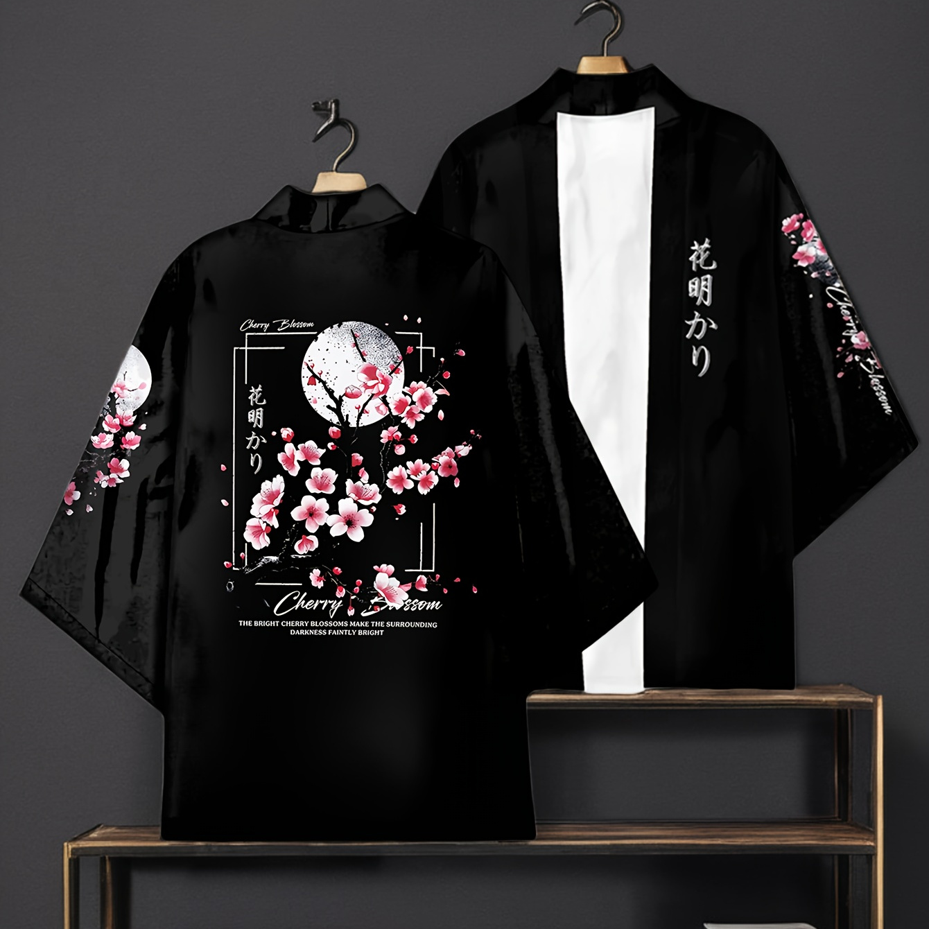 

Elegant Cherry Kimono Cardigan - Black With 3/4 Sleeves, Lightweight Polyester, Open Front Robe For - Casual Fashion Pajama Top, Machine Washable, Spring Outerwear|artistic Print Robe| Kimono