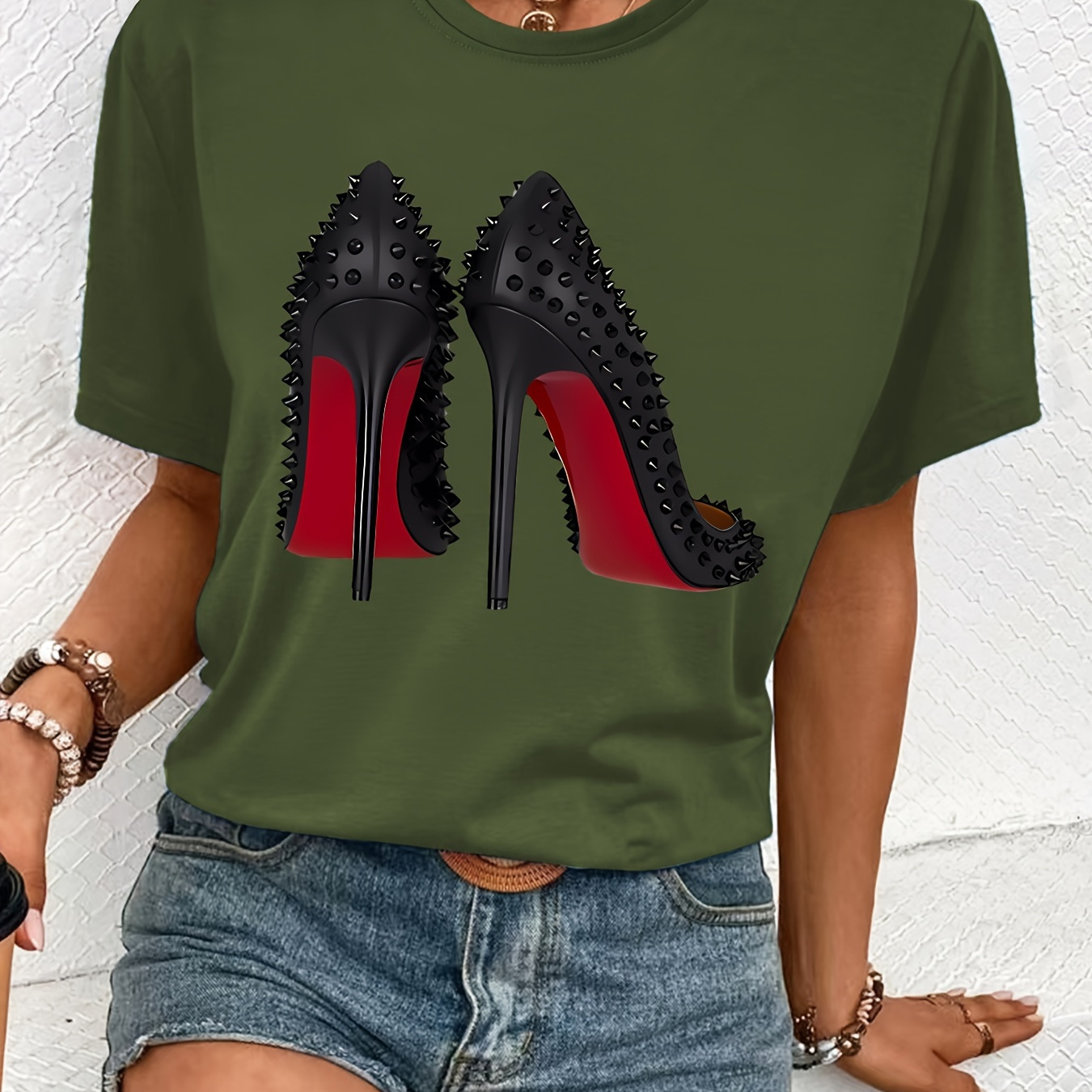 

High Heels T-shirt, Round Neck Short Sleeves Sports Tee, Women's Comfy Tops