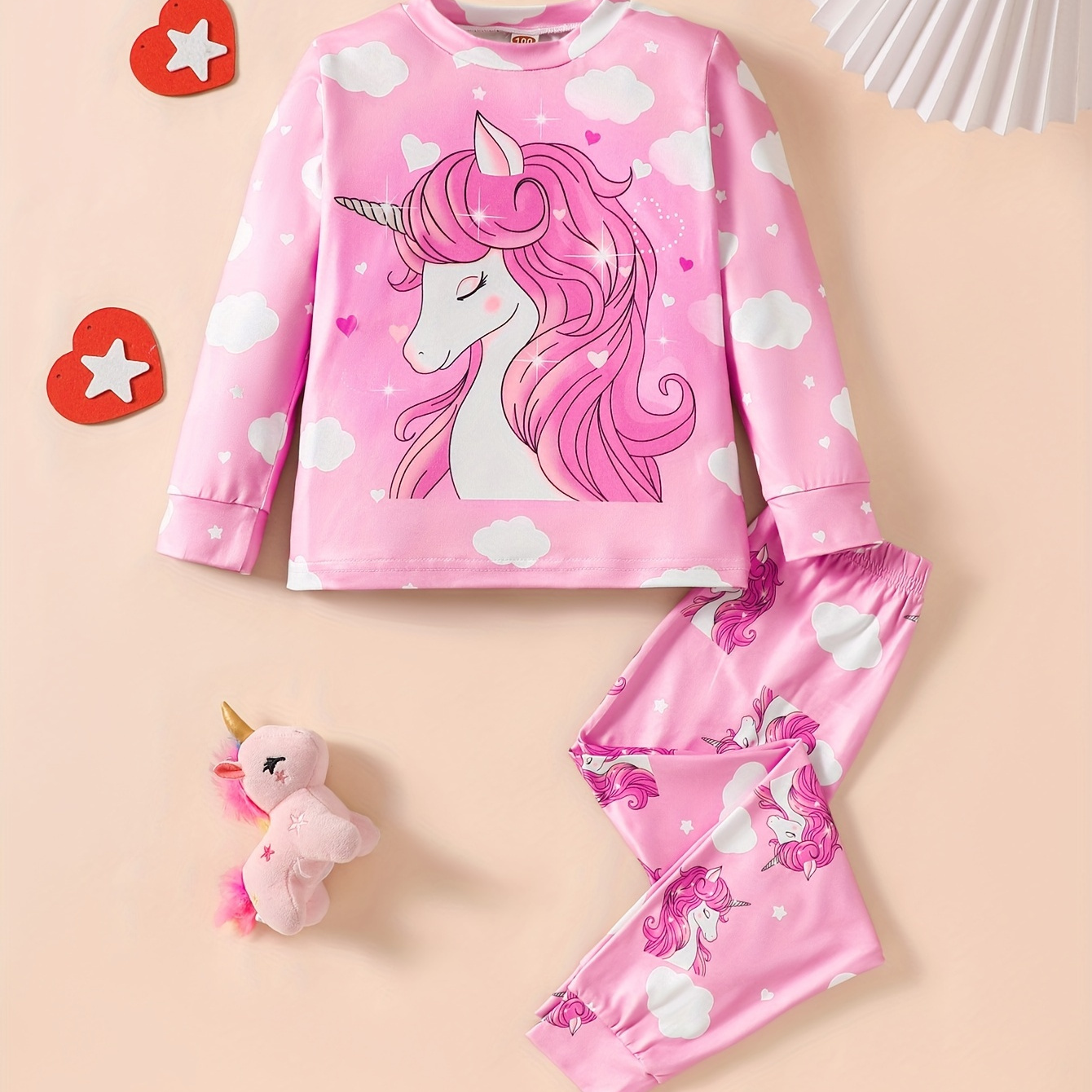 

Clouds & Allover Pattern 2-piece Girl's Long Sleeve Top + Pants Set - Versatile Comfy For Spring/ Fall Casual Wear, Gift Idea