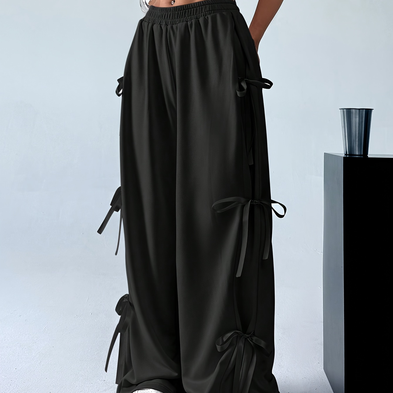 

Solid Color Wide Leg Pants, Elegant Bow Tie Decor Waist Pants For , Women's Clothing