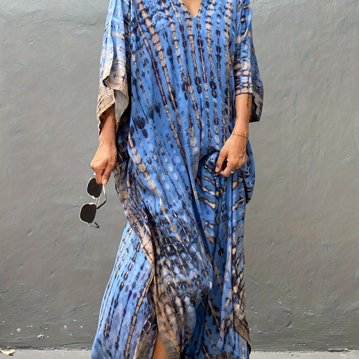 

Plus Size Tie Dye Print Maxi Kaftan Dress, Modest V Neck Batwing Sleeve Split Dress, Women's Plus Size Clothing