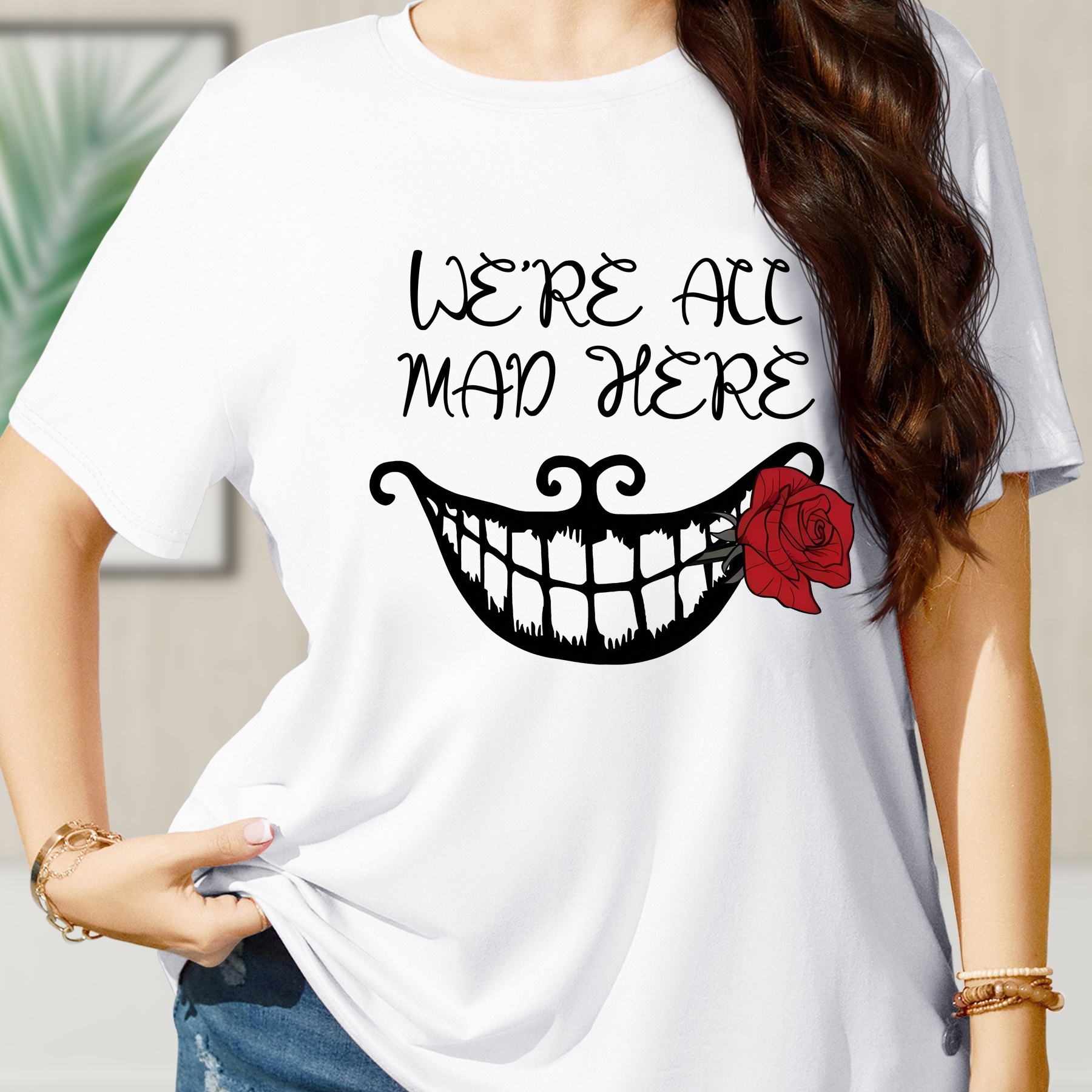 

Plus Size Women' Casual Sporty Tee, White Short Sleeve T-shirt With And "we' Mad Here" Print, Comfortable Extended Size Top For Ladies