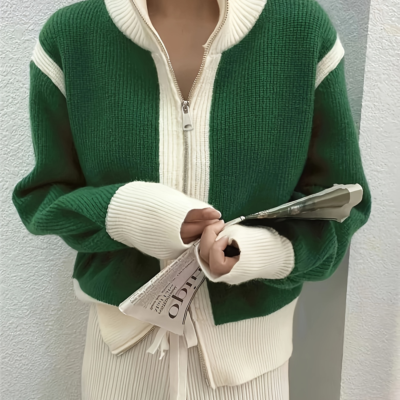 

Color Block Zip Up Knit Cardigan, Casual Turtle Neck Long Sleeve Sweater Outwear, Women's Clothing