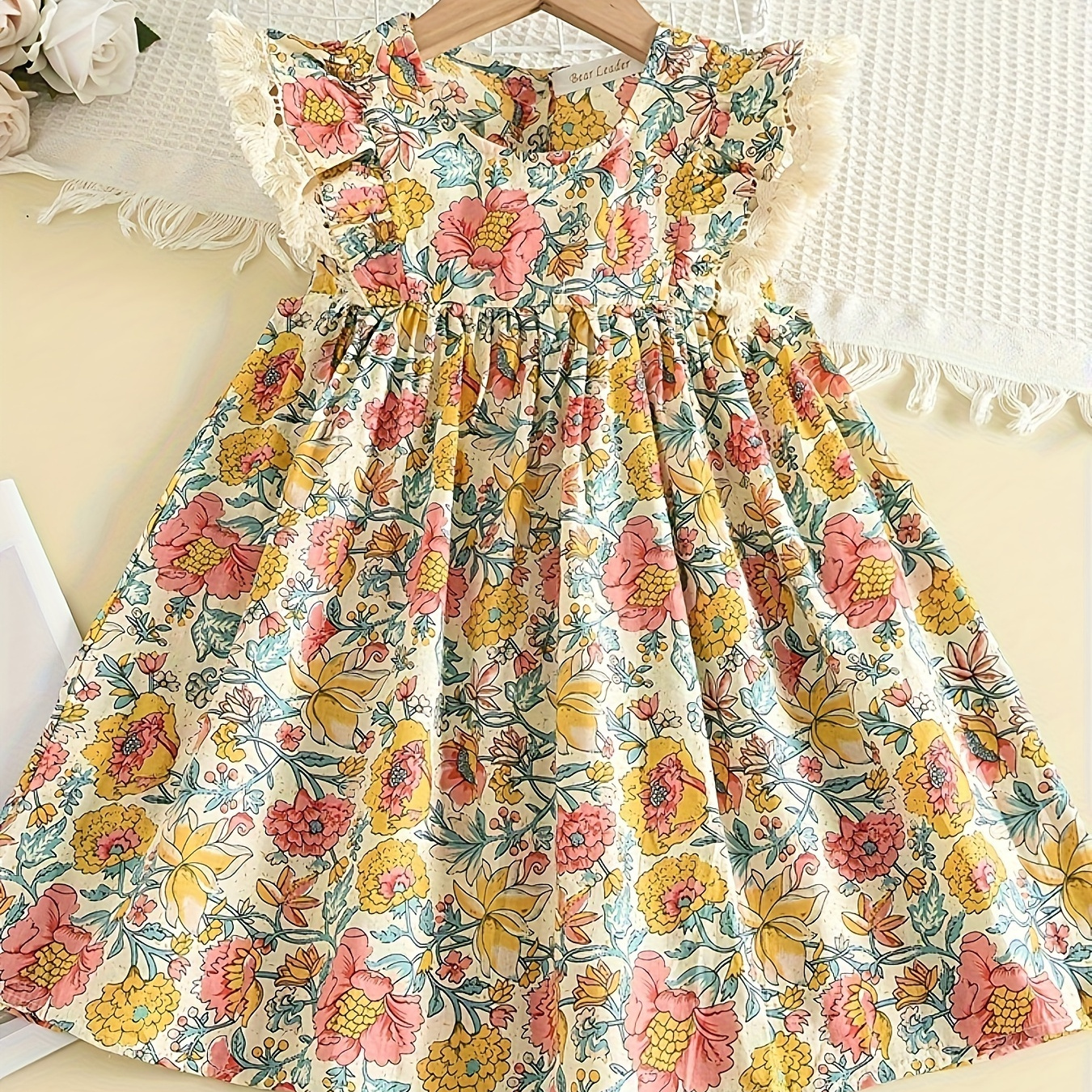 

Sweet Girls Flora Print Flutter Trim Sleeveless Dress Summer Clothes Party Gift