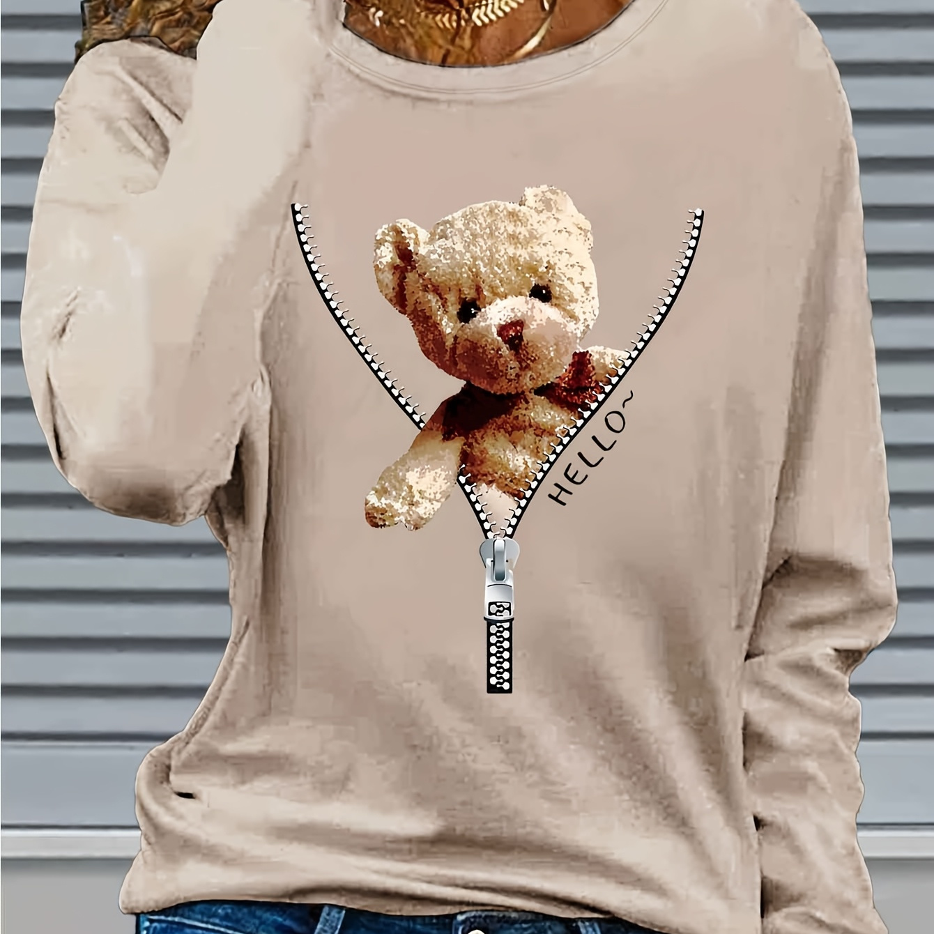 

T-shirt décontracté à manches longues pour femme avec imprimé d' en peluche à fermeture éclair, haut en polyester à col rond pour /hiver