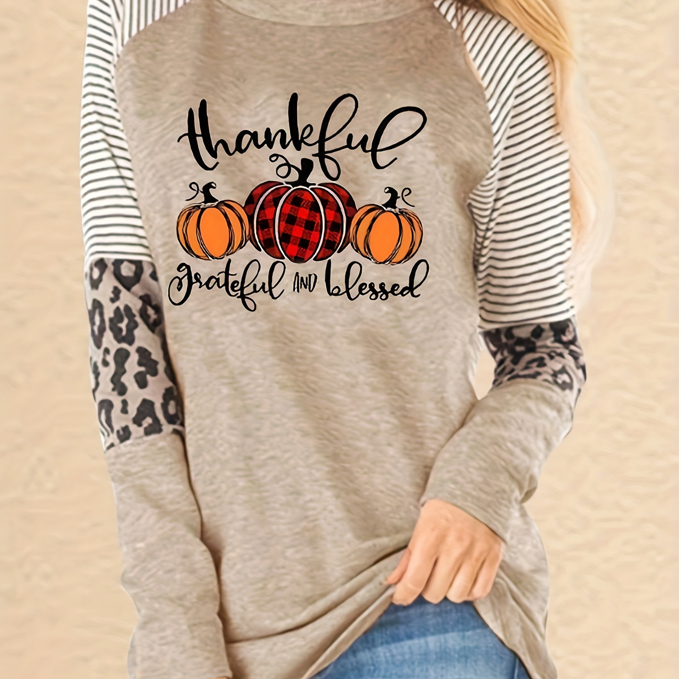 

Plaid Pumpkin & Stripe Print T-shirt, Casual Long Sleeve Top For Spring & Fall, Women's Clothing