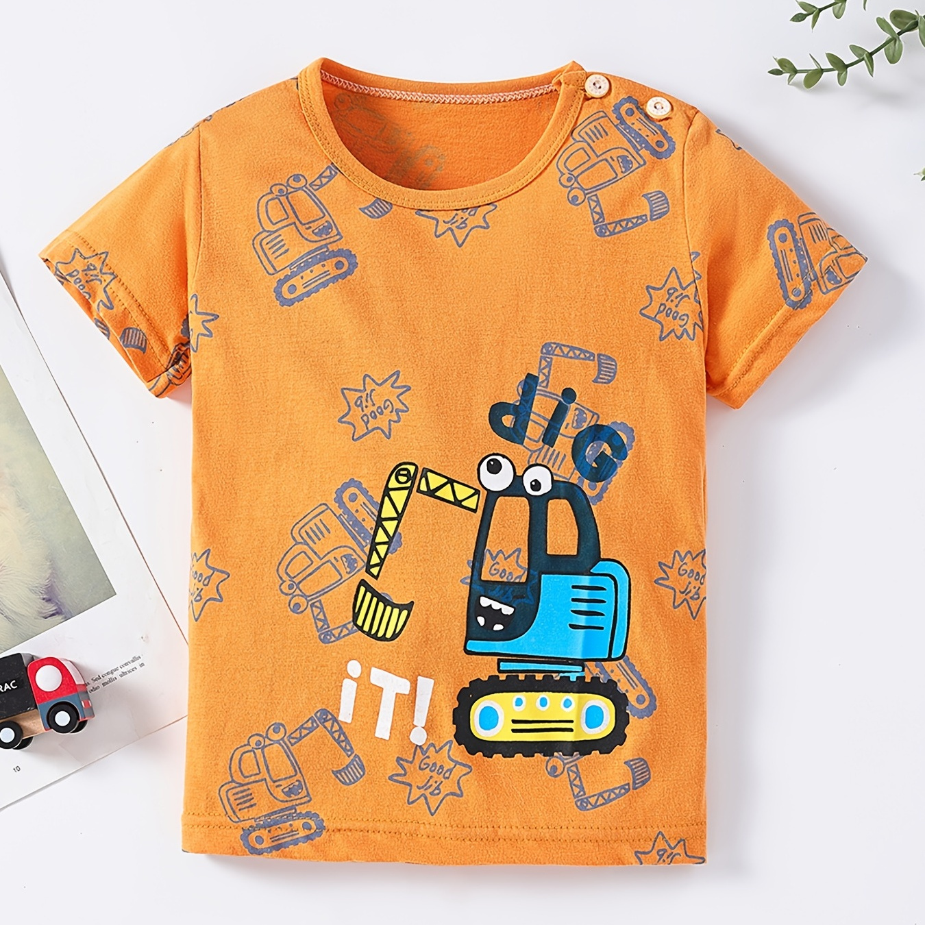 

Boys Cartoon Excavator T-shirt Casual Cotton Round Neck Short Sleeve Tees Top Kids Summer Clothes