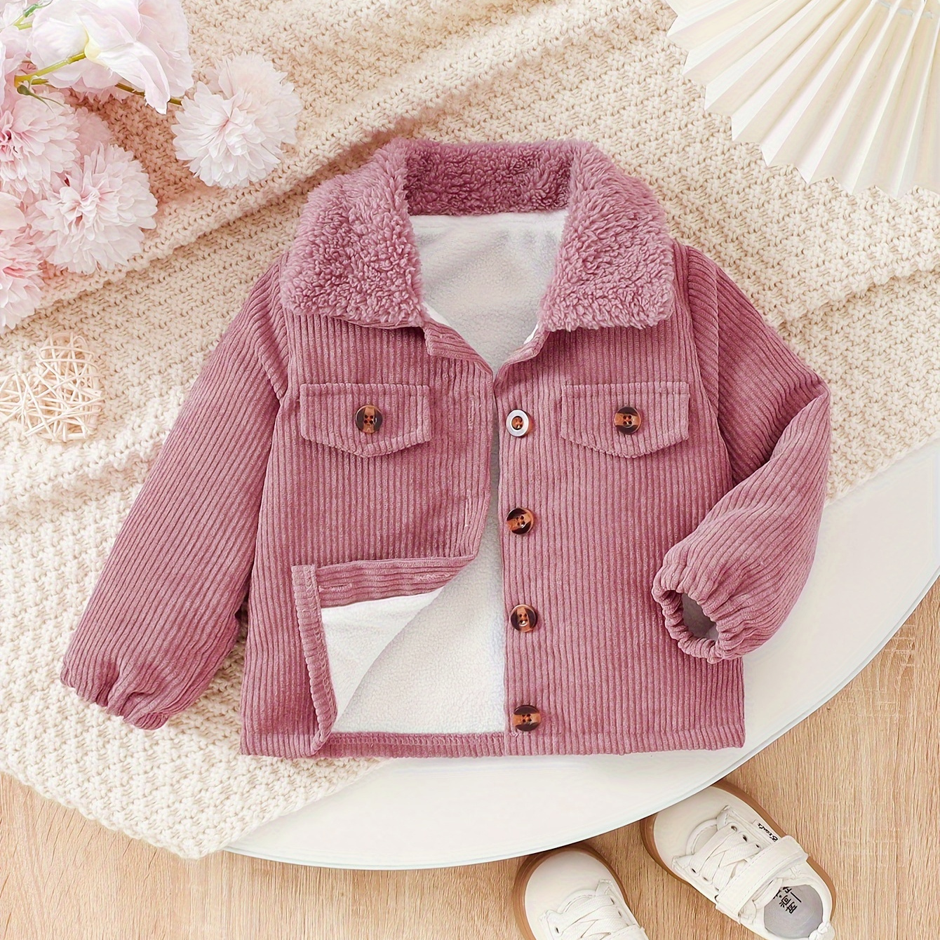 

Cozy Girls' Corduroy Jacket With Fuzzy Collar - Casual Fall/winter Outerwear, Machine Washable