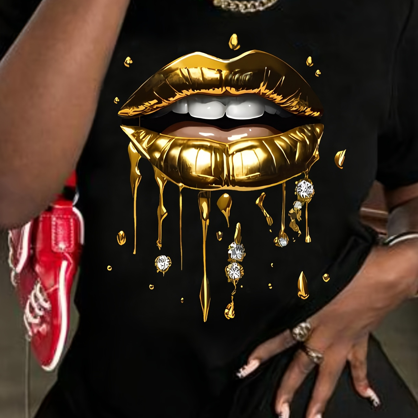 

Stylish Women's With Golden Lips Graphic - Casual Summer Short Sleeve Top, Polyester & Spandex , Machine Washable