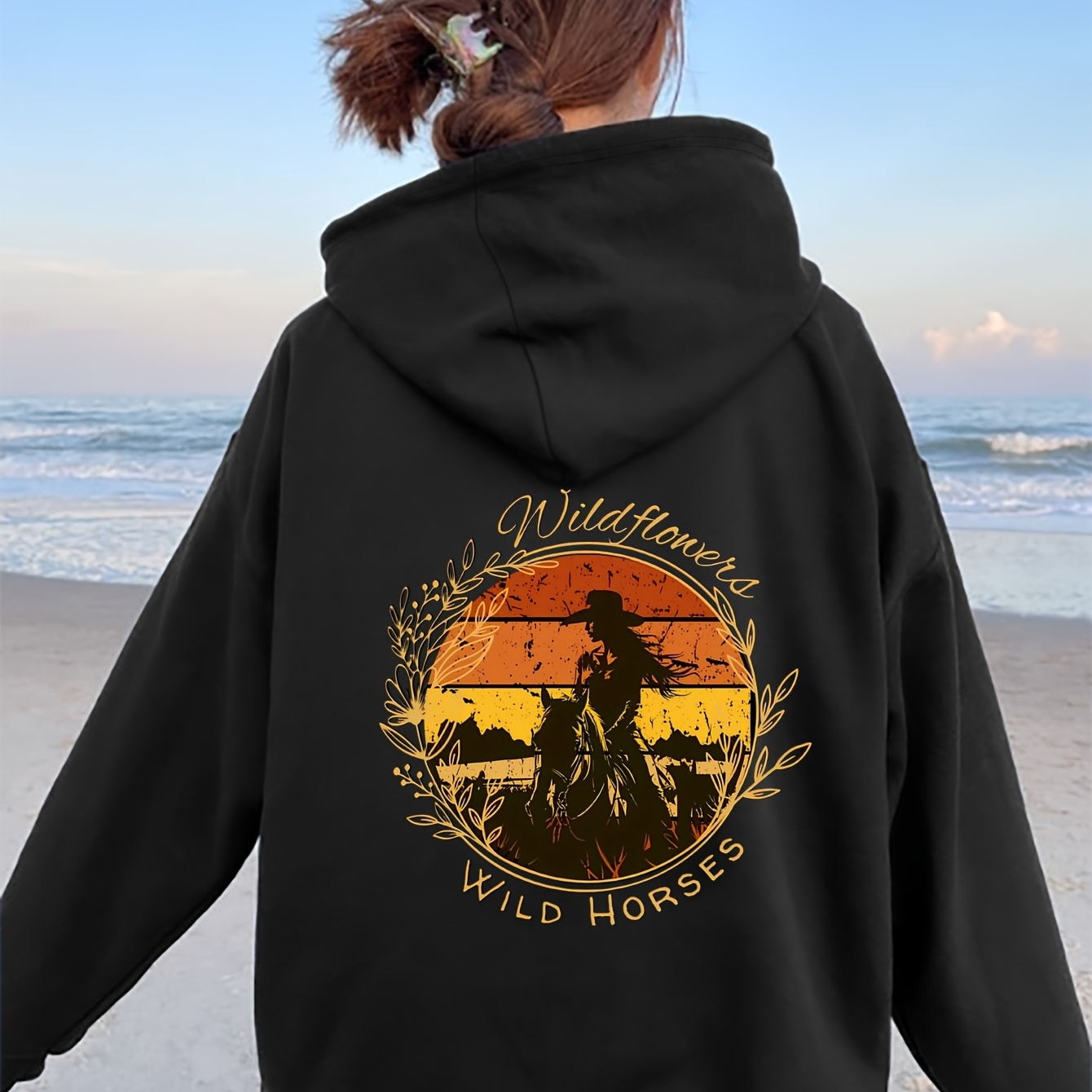 

Women's Western Cowboy Print Hoodie, Embossed Casual Pullover, Polyester Long Sleeve Sweatshirt, Beach , Cartoon Graphic, Crew Neck, Pockets, Knit Fabric