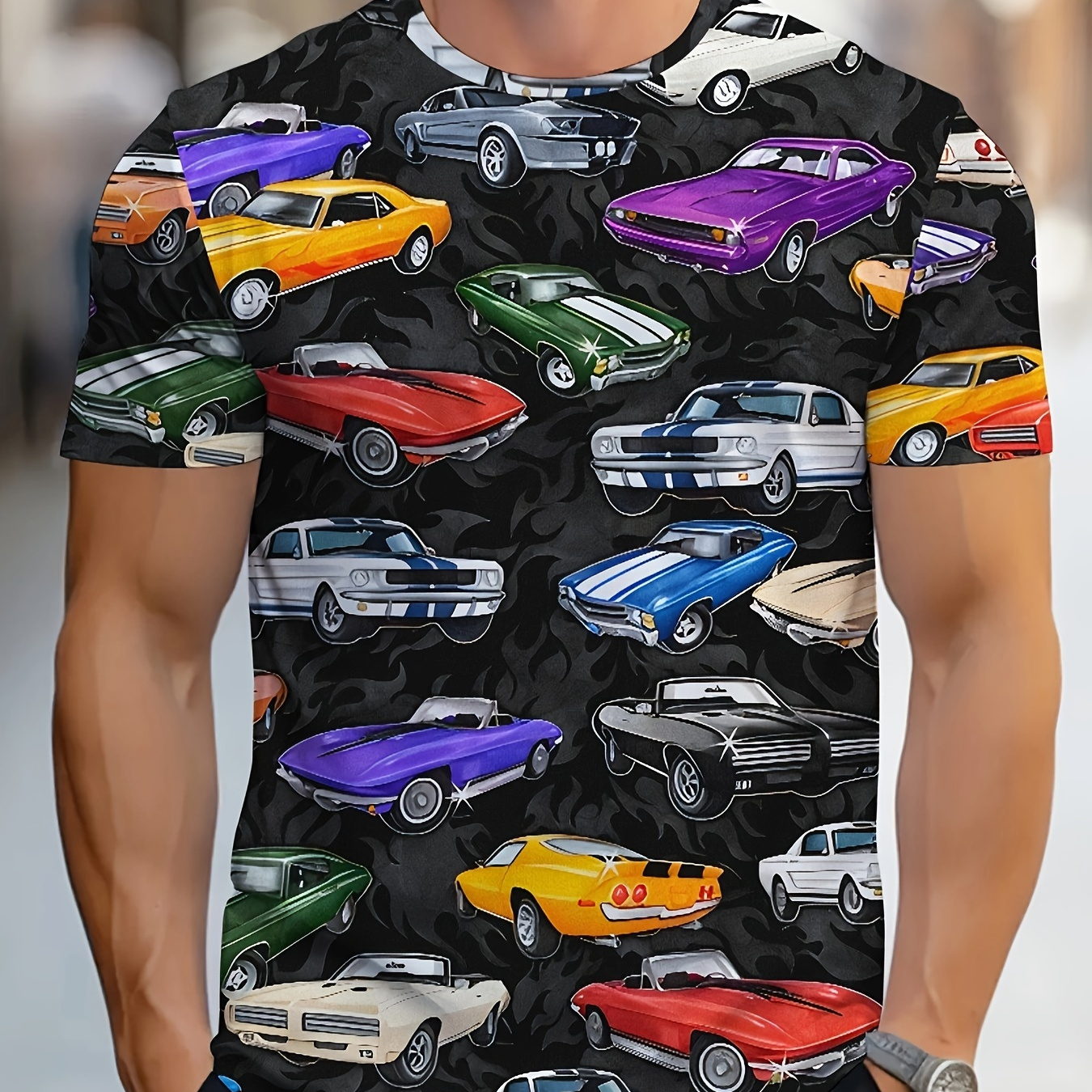 

Men's Cars Graphic Print T-shirt, Short Sleeve Crew Neck Tee, Men's Clothing For Summer Outdoor