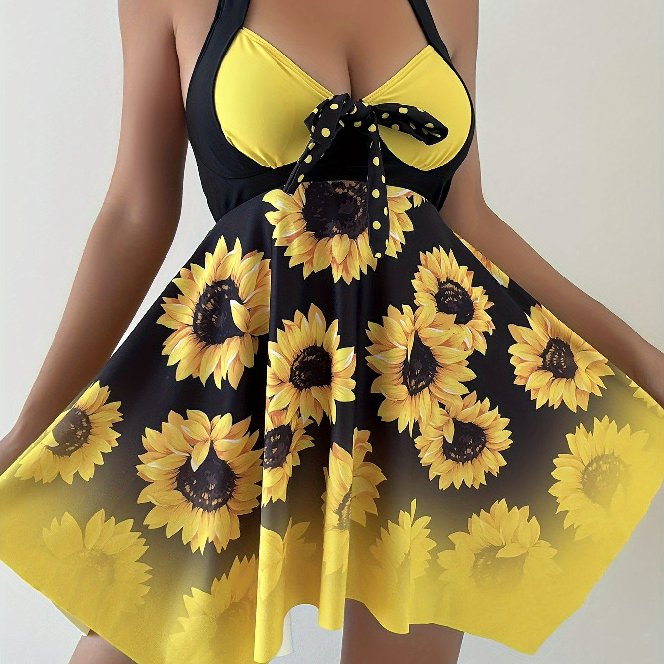 

Sunflower Print 2 Piece Set Tankini, Halter Neck Skirted High Cut Swimsuits, Women's Swimwear & Clothing