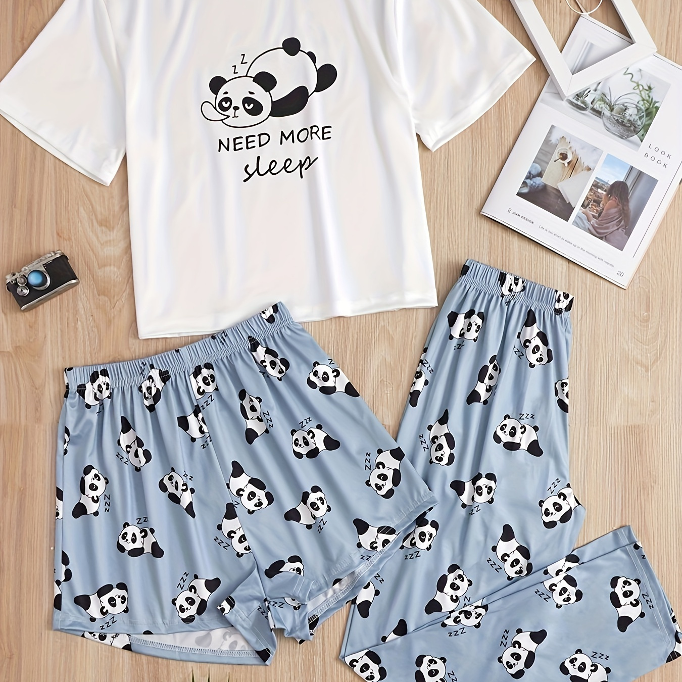 

Cartoon Panda Print Pajamas Set, Short Sleeve Crew Neck Top & Shorts & Pants, Women's Sleepwear & Loungewear