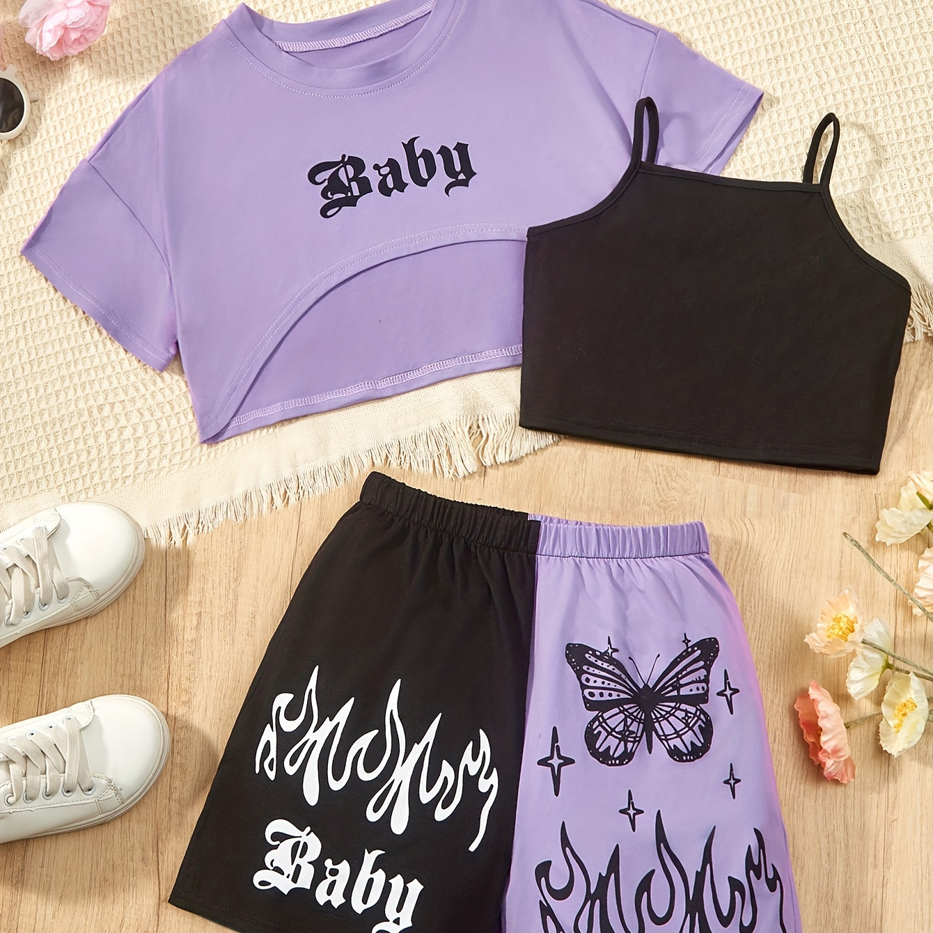 

Chic Color Block 3pcs Crop T-shirt + Shorts + Camisole 3-piece Girl's Set, Summer Clothes, Gift