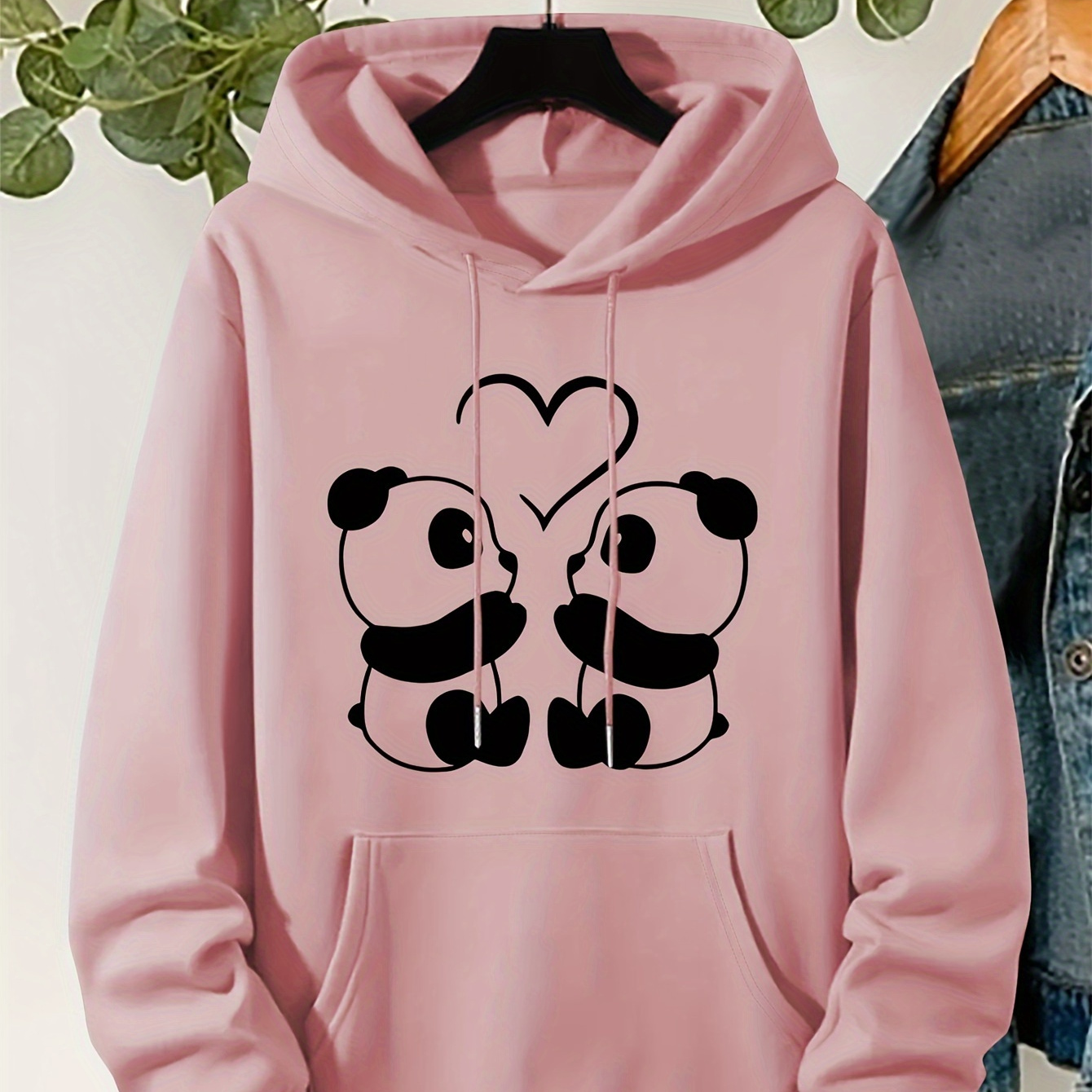 

Plus Size Panda Print Drawstring Hoodie, Warm Fleece Lined Long Sleeve Sweatshirt For Fall & Winter, Women's Plus Size Clothing