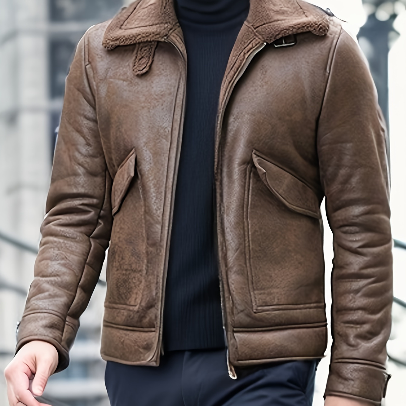 

Men's Casual Leather Jacket With Fur , Turn-down Collar, Zipper Closure, Long Sleeve, Solid Color, Smooth Leather, 9677