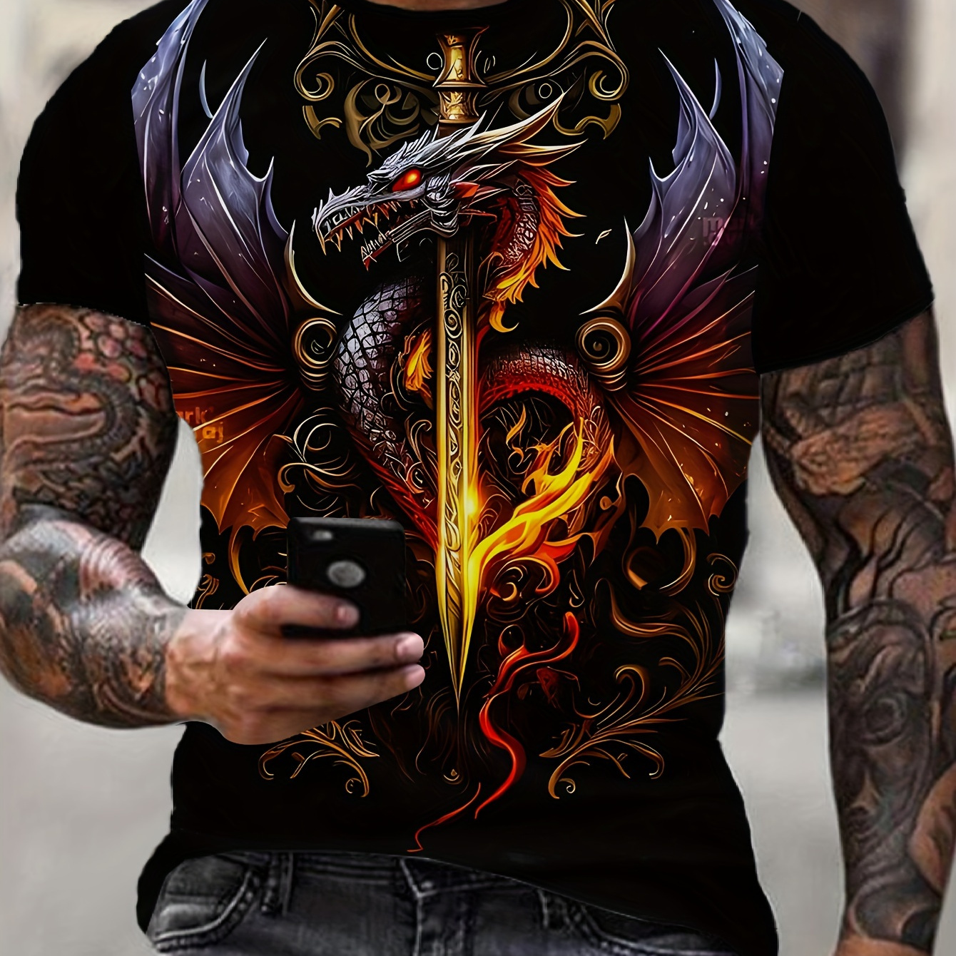 

[ Print] Men's Dragon & Sword Graphic Tee - Casual Polyester, , Round Neck, Machine Washable - Dark Color With & Gothic Design