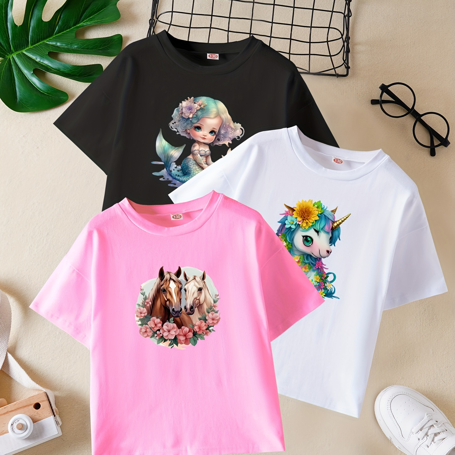 

3 Pcs Girl's Cartoon Animal Pattern T-shirt, Casual Breathable Short Sleeve Crew Neck Tee For Summer