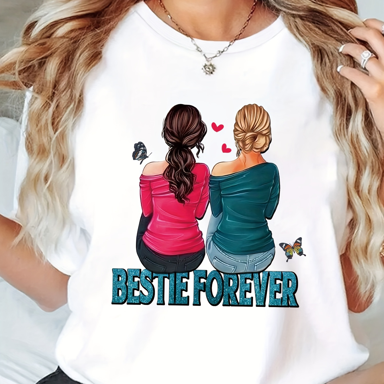 

Bestie Graphic Tee - Women’s Casual Short Sleeve Round Neck T-shirt, Lightweight Polyester , Machine Washable, Black With Best Friend Illustration, Casual Attire