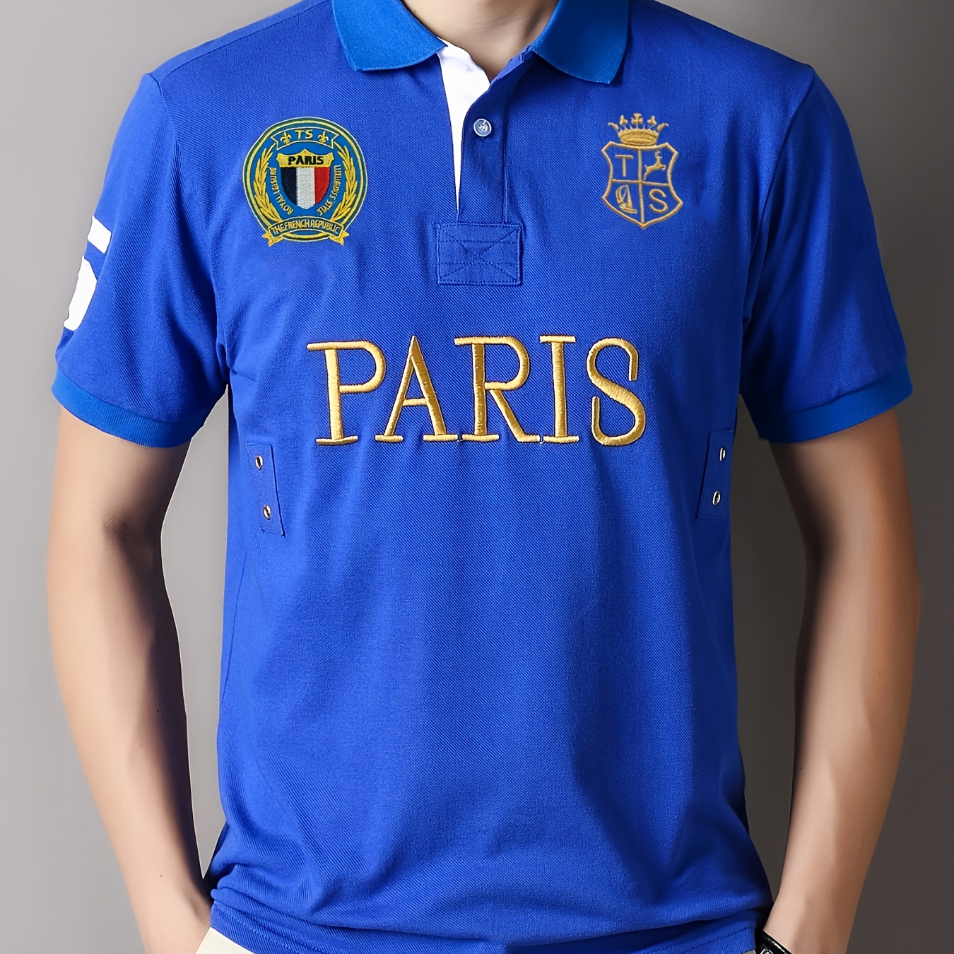 

Paris Print Embroidery Men's Chic Short Sleeve Golf Lapel Shirt, Summer Outdoor Sports, Men's Cotton Comfy Top
