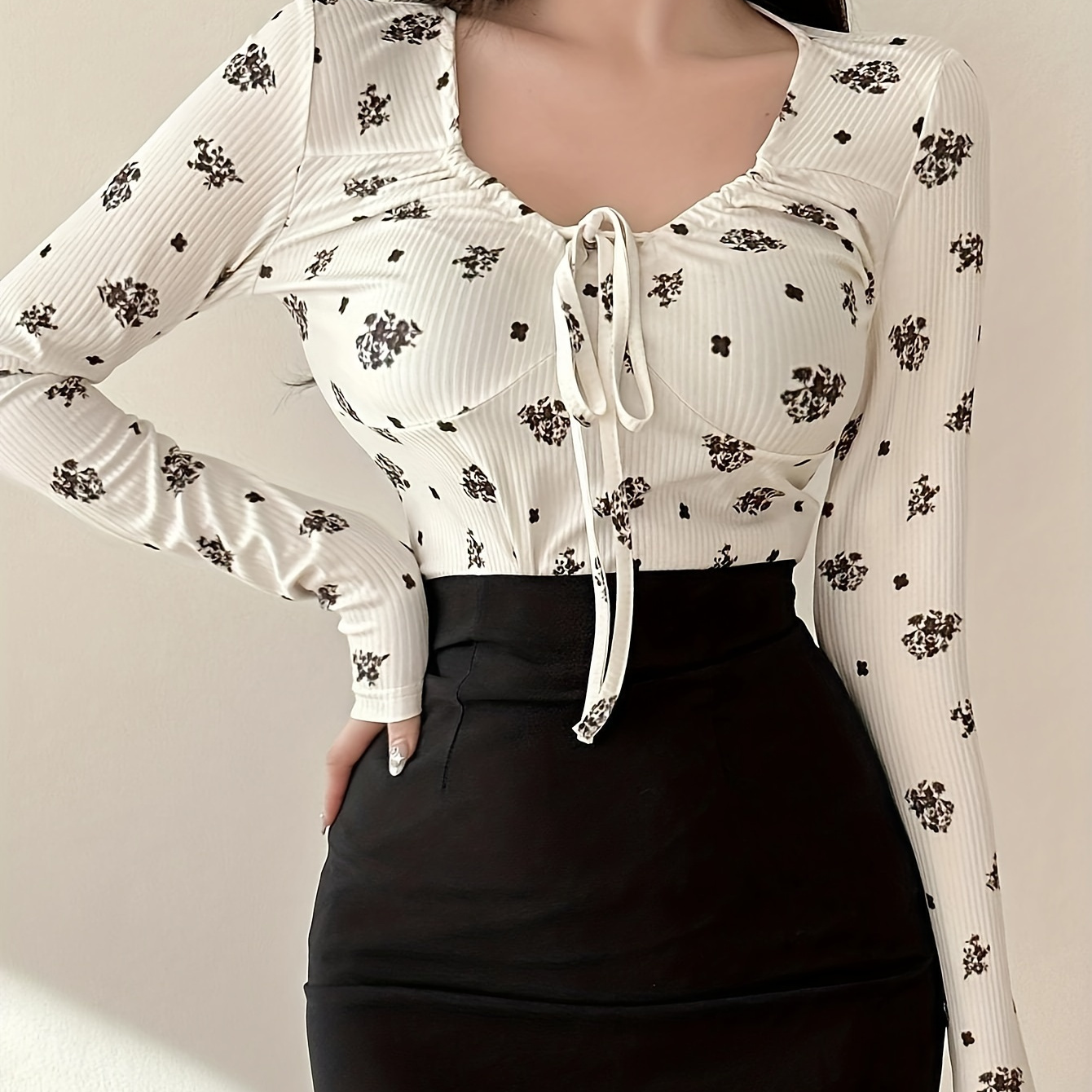 

Floral Print Drawstring Neck T-shirt, Elegant Long Sleeve Slim Top For Spring & Fall, Women's Clothing