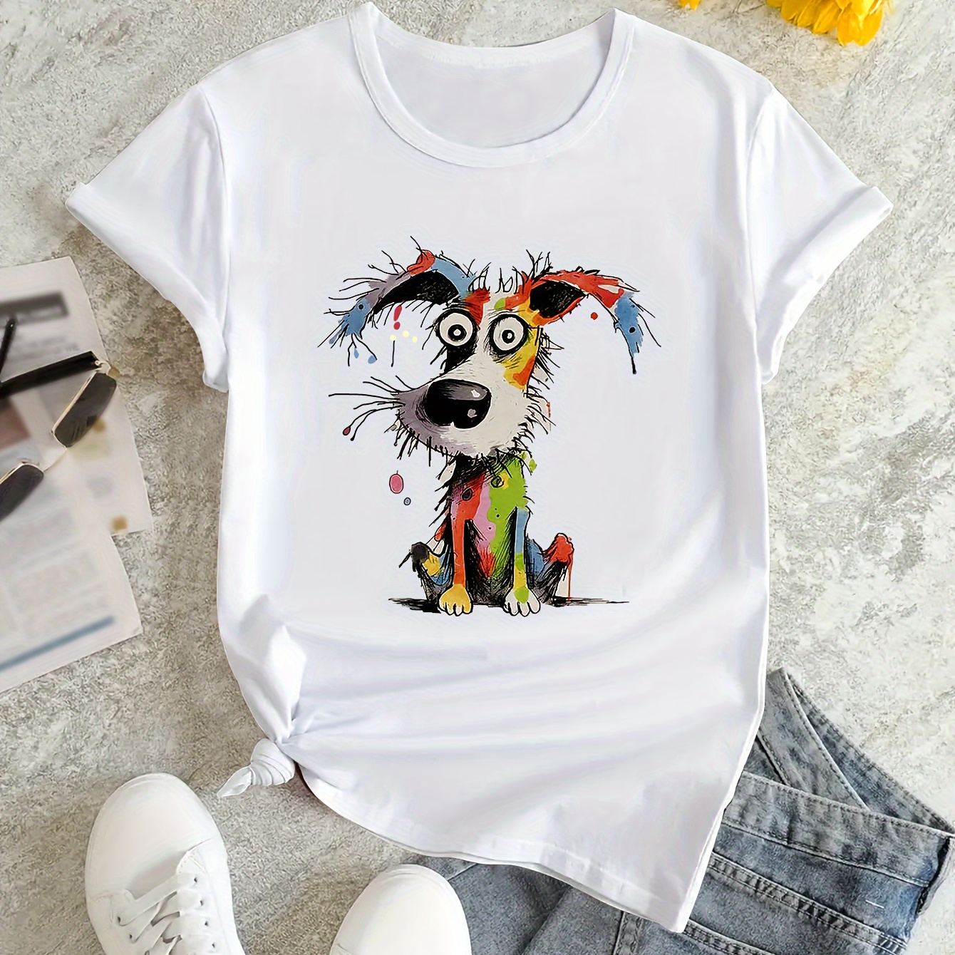 

Dog Print T-shirt, Short Sleeve Crew Neck Casual Top For Summer & Spring, Women's Clothing