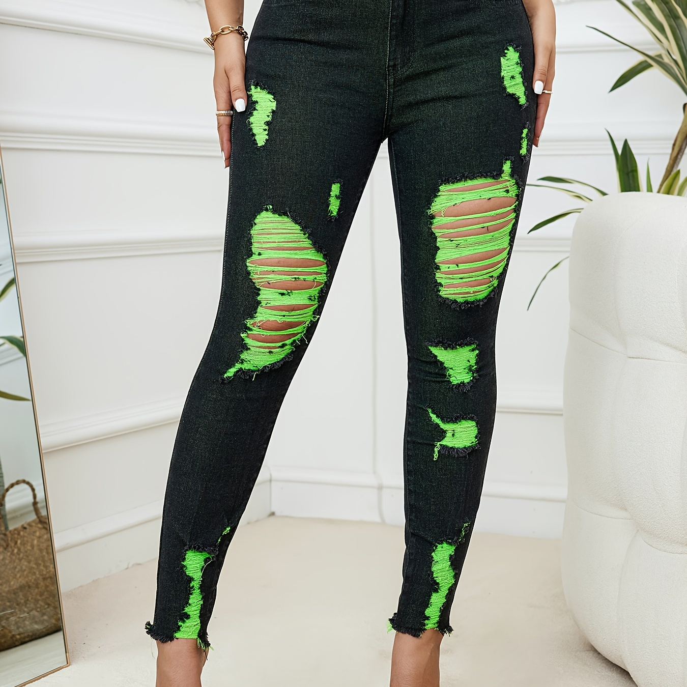 

Ripped Holes Casual Skinny Jeans, Slim Fit Mid-stretch Tight Jeans, Women's Denim Jeans & Clothing