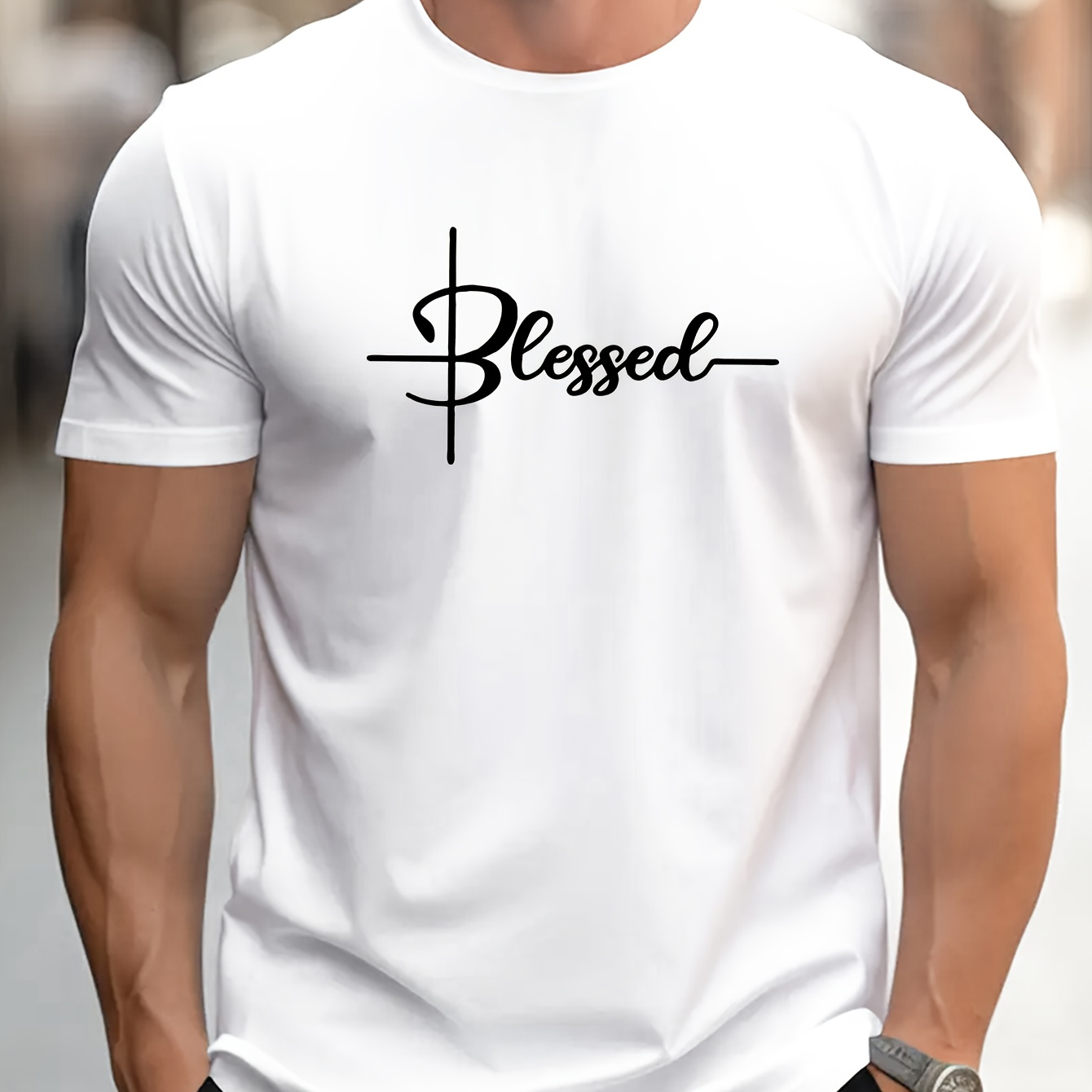 

Men's Casual Cotton Short-sleeved T-shirt, Spring And Summer " Blessed " Print Top, Comfortable Round Neck Tee, Regular Fit, Versatile Fashion For Everyday Wear