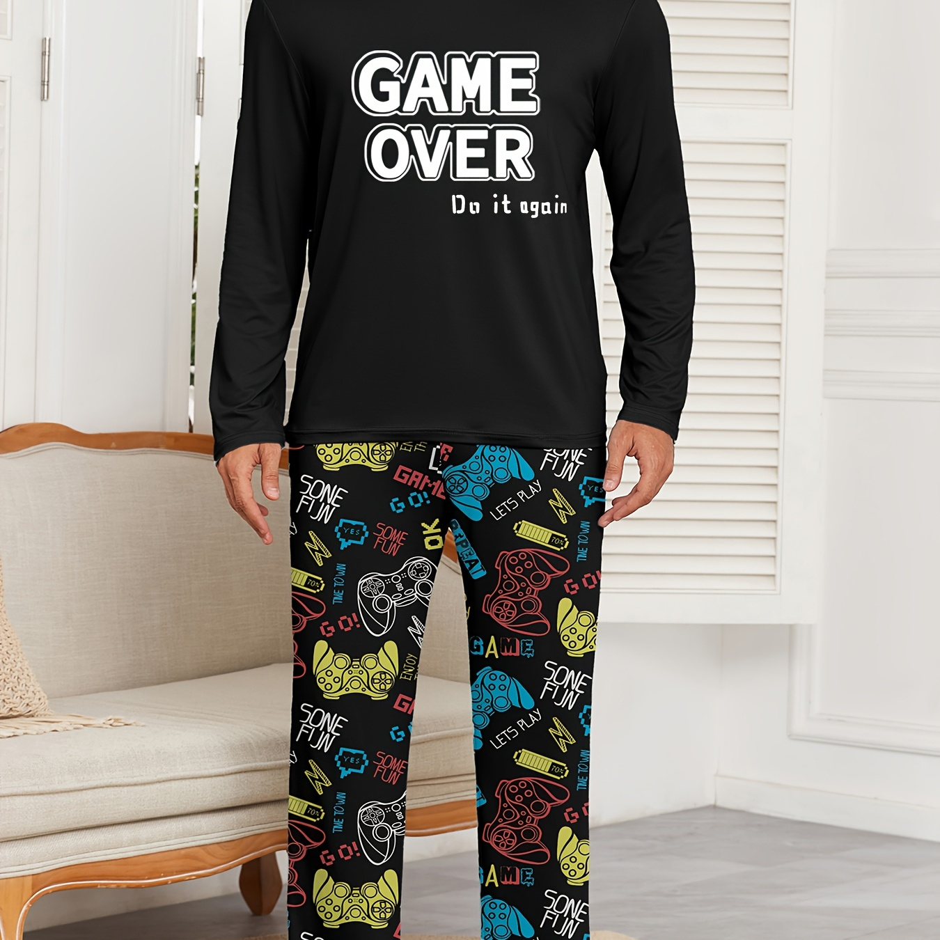 

Men's Gamer Graphic Long Sleeve & Pants Loungewear Set - Comfy Polyester , Machine Washable