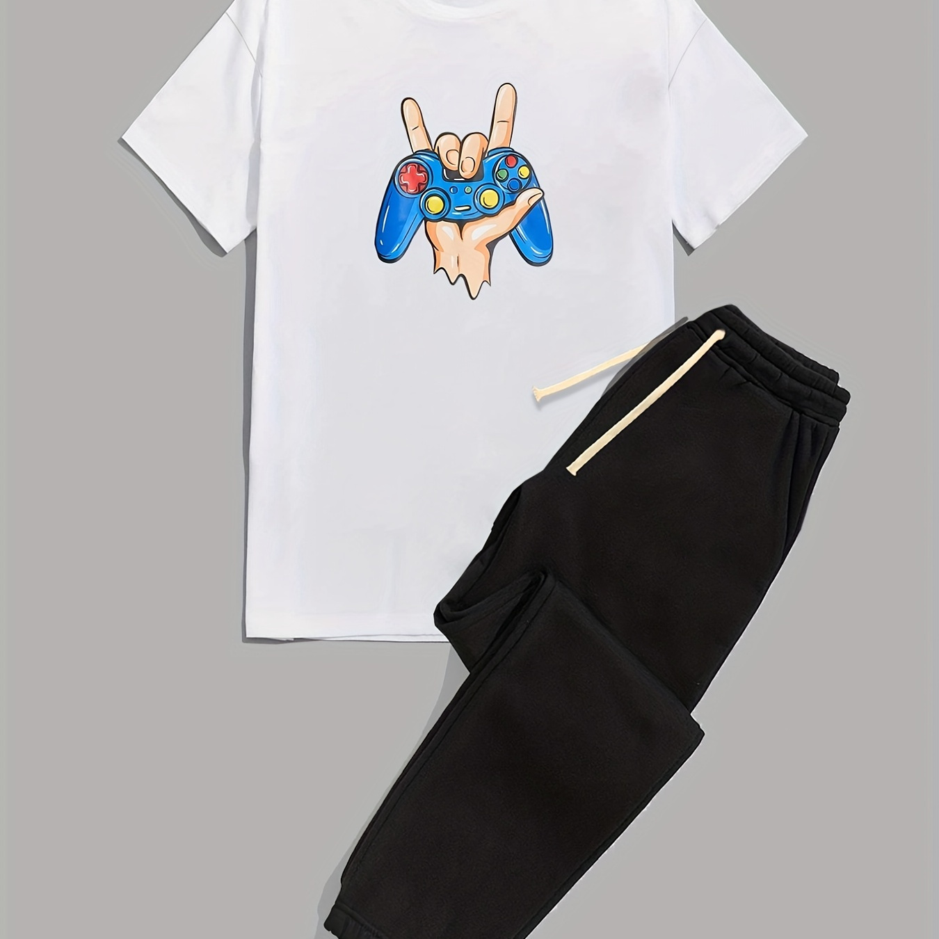 

Game Pad Print, Men's 2pcs, Short Sleeve Round Neck T-shirt And Drawstring Trousers Set