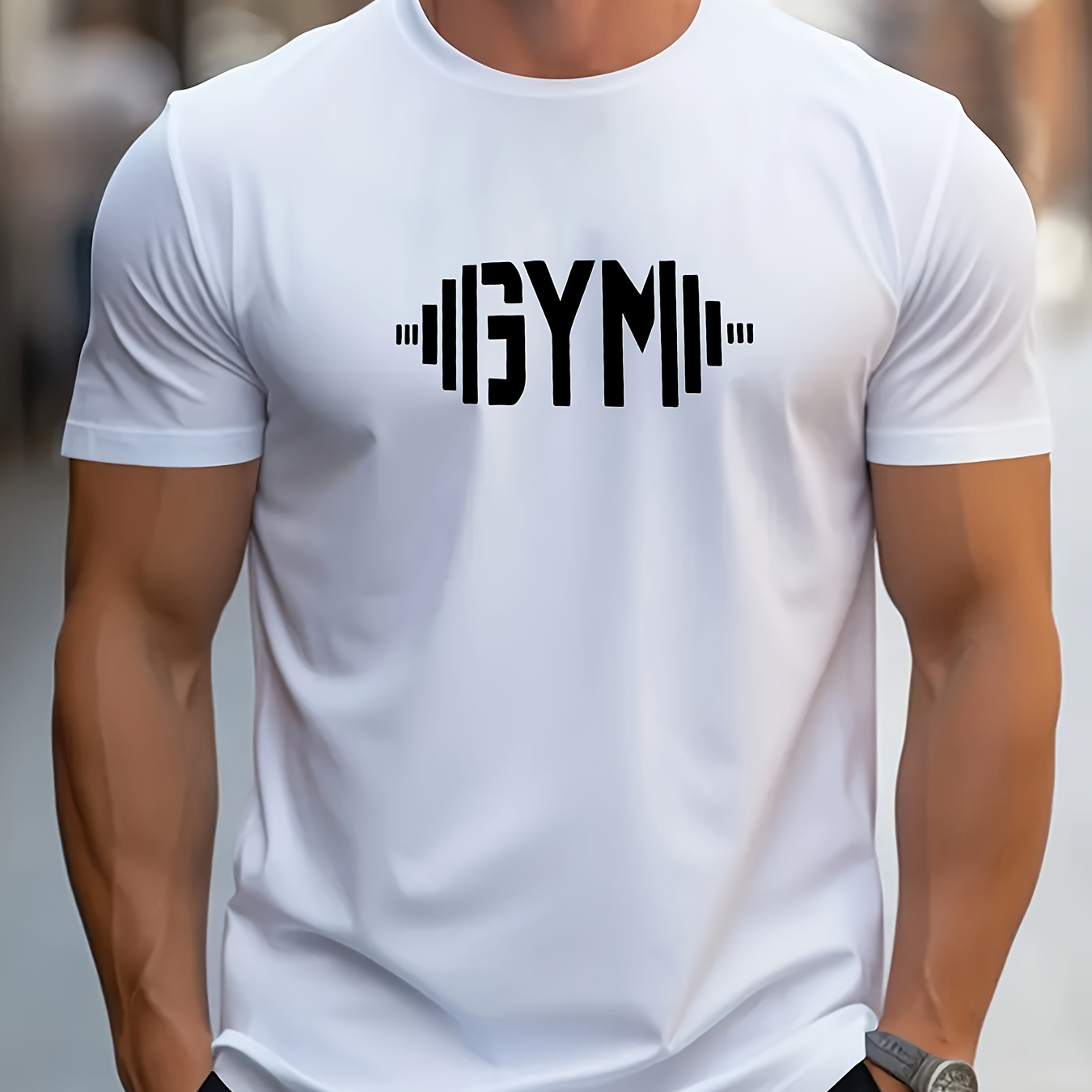 

Funny Design Letter Gym Print, Men's Round Crew Neck Short Sleeve Tee, Casual Breathable T-shirt, Comfy Lightweight Quick Drying Top For Summer Commuting And Training