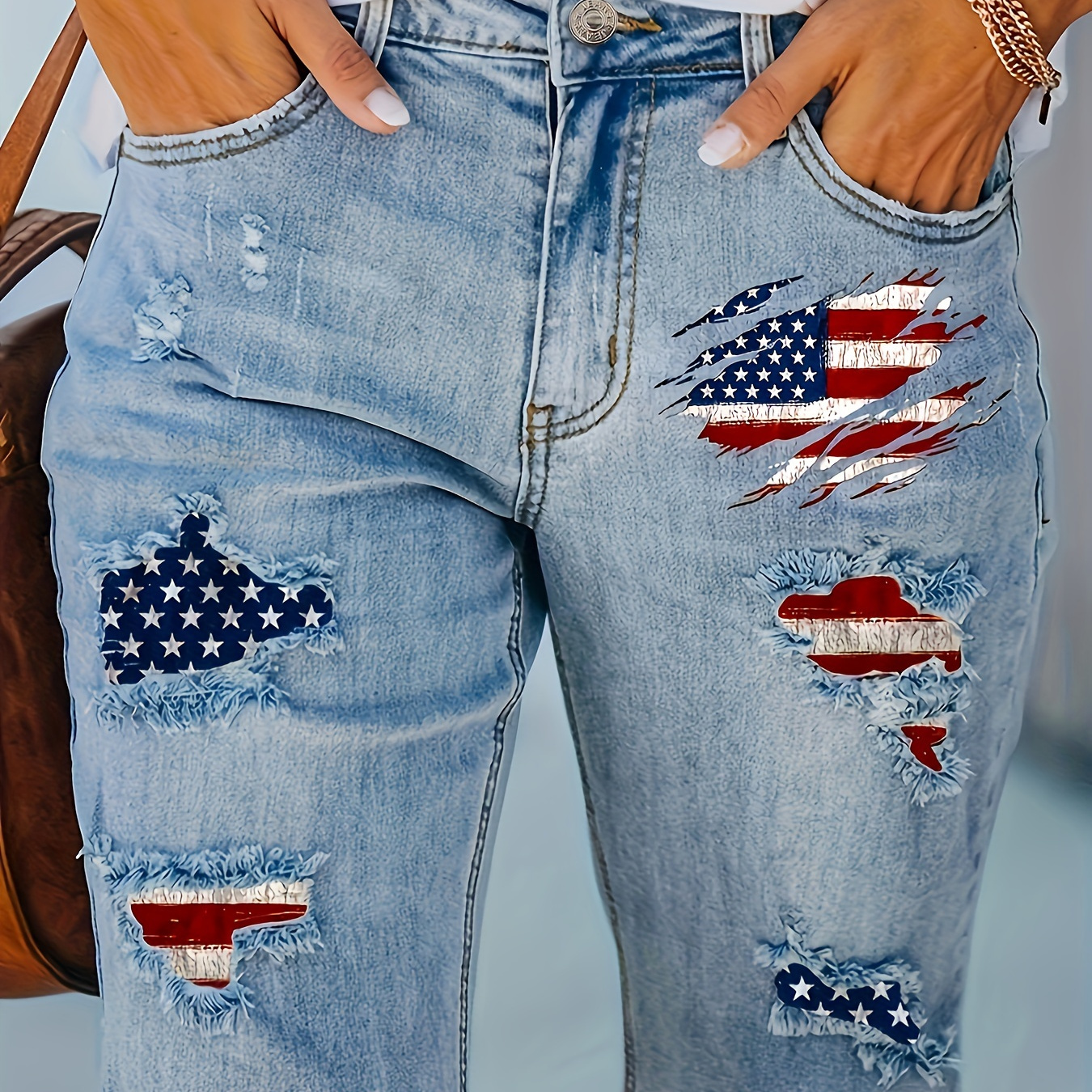 

Women's High Waist Distressed Denim Bermuda Shorts With American Flag Patchwork, Frayed Hem, Plus Size Fashion, Stretchable Casual Jean Independence Day 4th Of July