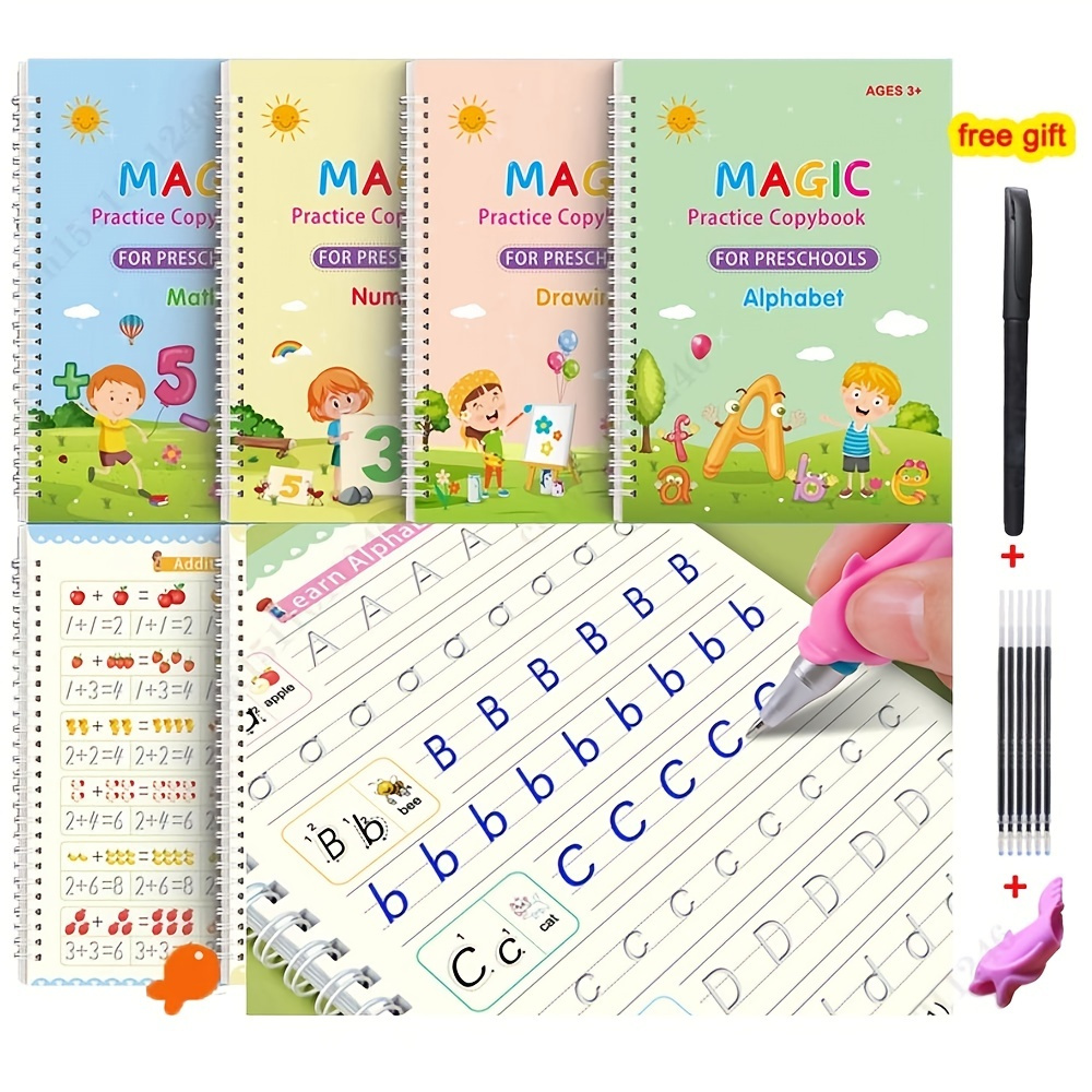 Acheter 4 livres + stylo livre de pratique magique essuyage gratuit jouet  pour enfants écriture autocollant anglais cahier pour