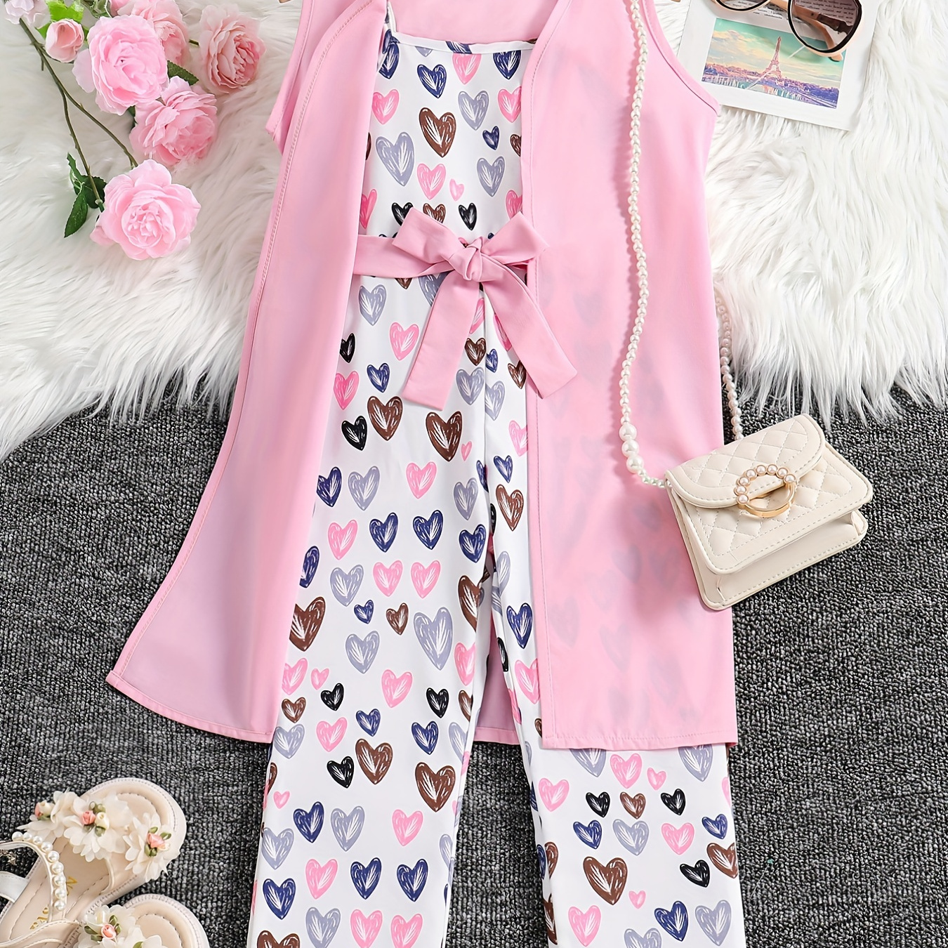 TEMU Girls Casual Trendy Cute Cartoon Heart Graphic Jumpsuit & Sleeveless Outwear Set For Summer Holiday Party Kids Clothes