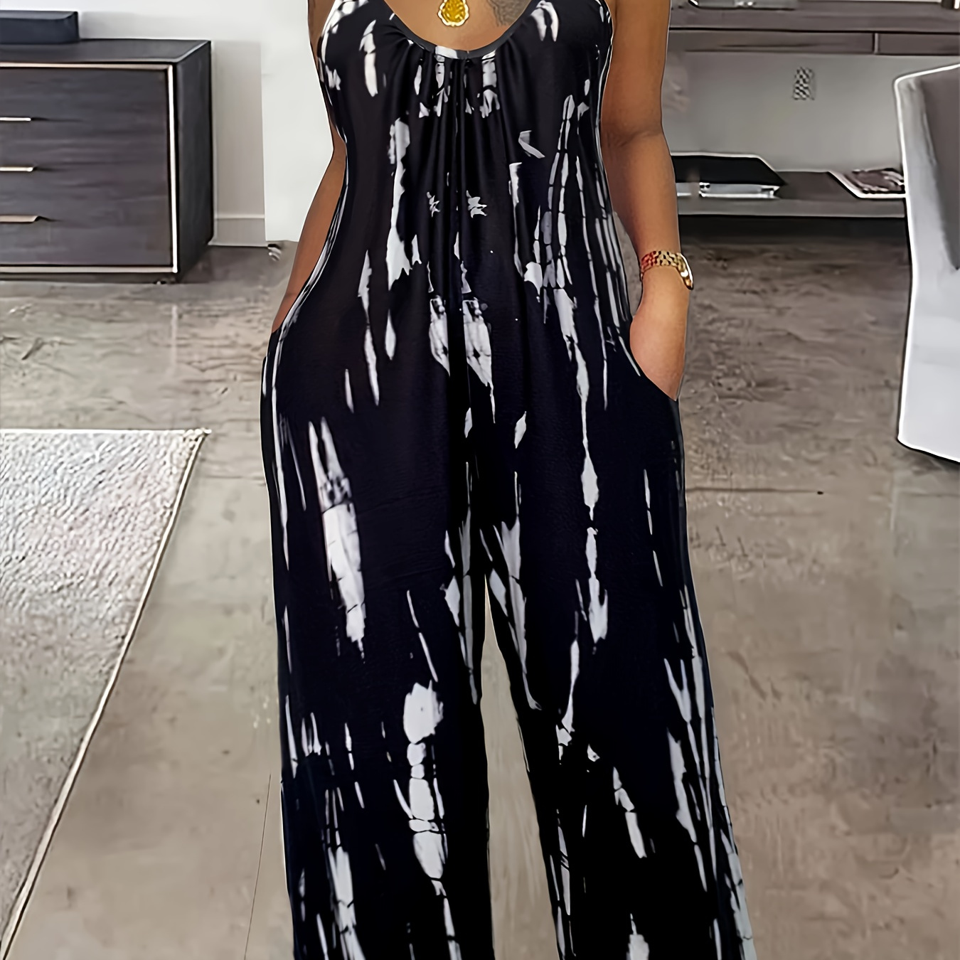 

Plus Size Tie Dye Print Slip Jumpsuit, Casual Sleeveless Pockets Jumpsuit, Women's Plus Size clothing