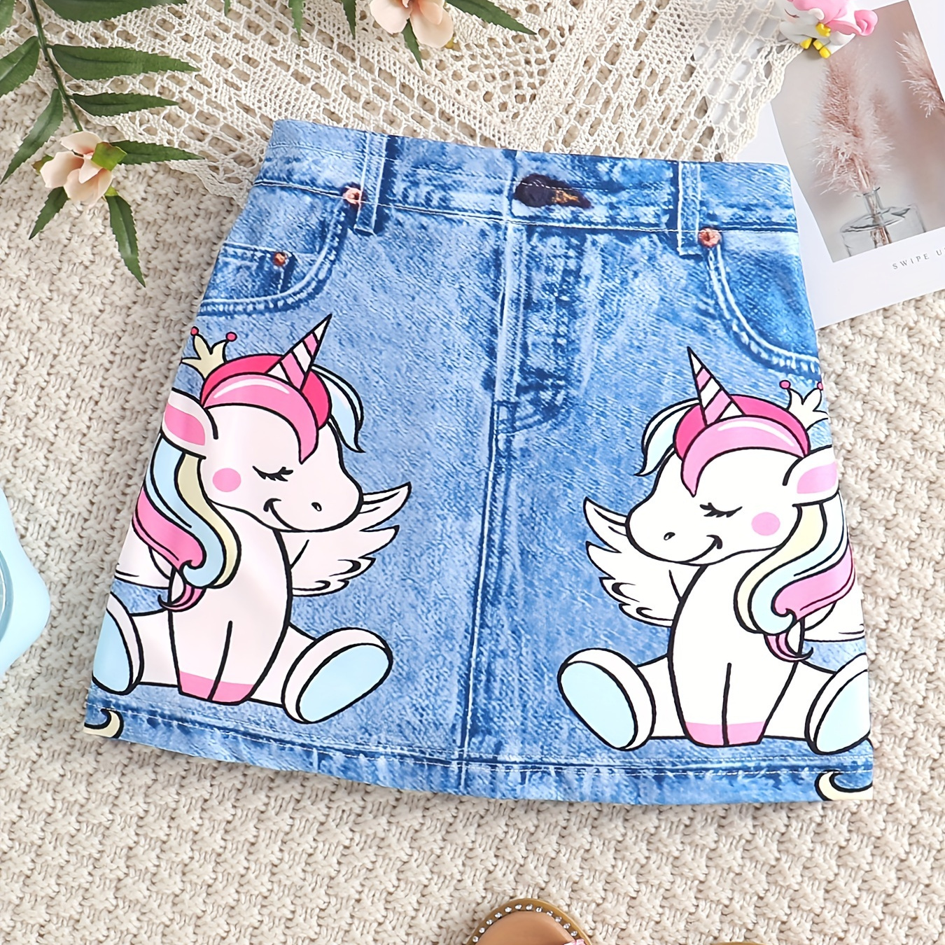 

Unicorn Graphic Girl's Skinny Short Skirt, Polyester Fabrics, Elastic Waist Casual Skirt For Holiday Daily Summer