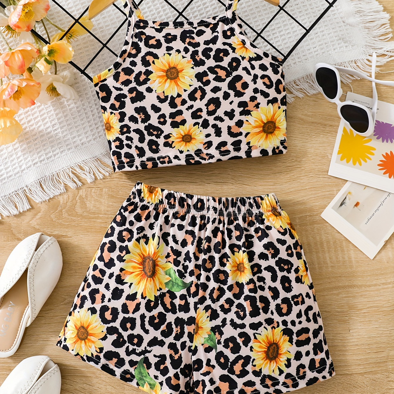 

Leopard Sunflower Print 2-piece Girls Outfits Cami Top + Shorts Trendy Set Holiday Going Out Summer Clothes