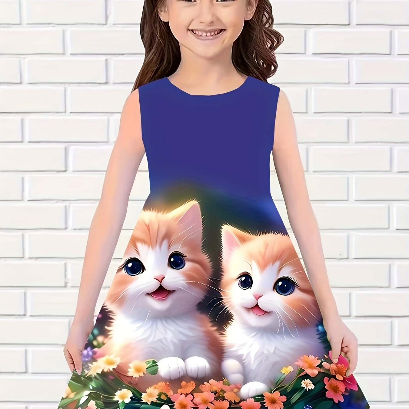 

Girls Cute Flower & Cat Graphic Sleeveless Dress For Summer Party Gift