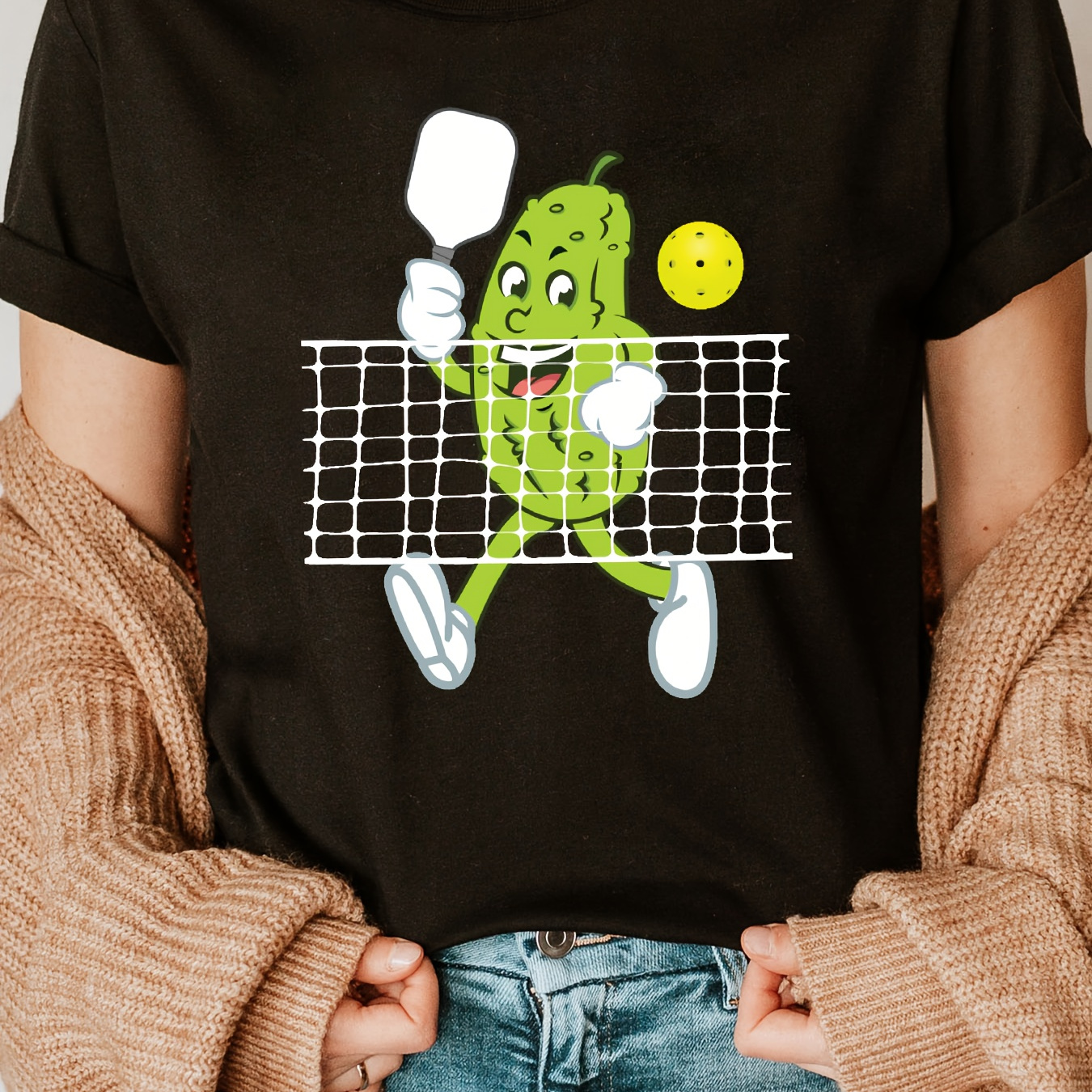 

Funny Pickleball Print T-shirt For Women - Soft Cotton, Crew Neck, Short Sleeve Casual Top,