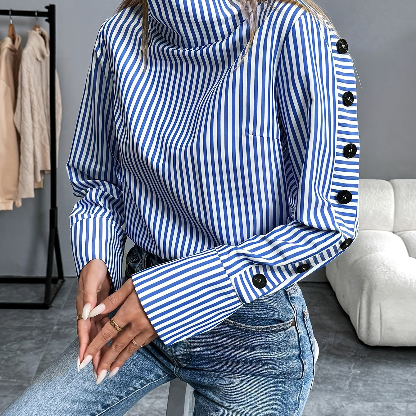 

Large Size Women's Shirt Striped Shirt