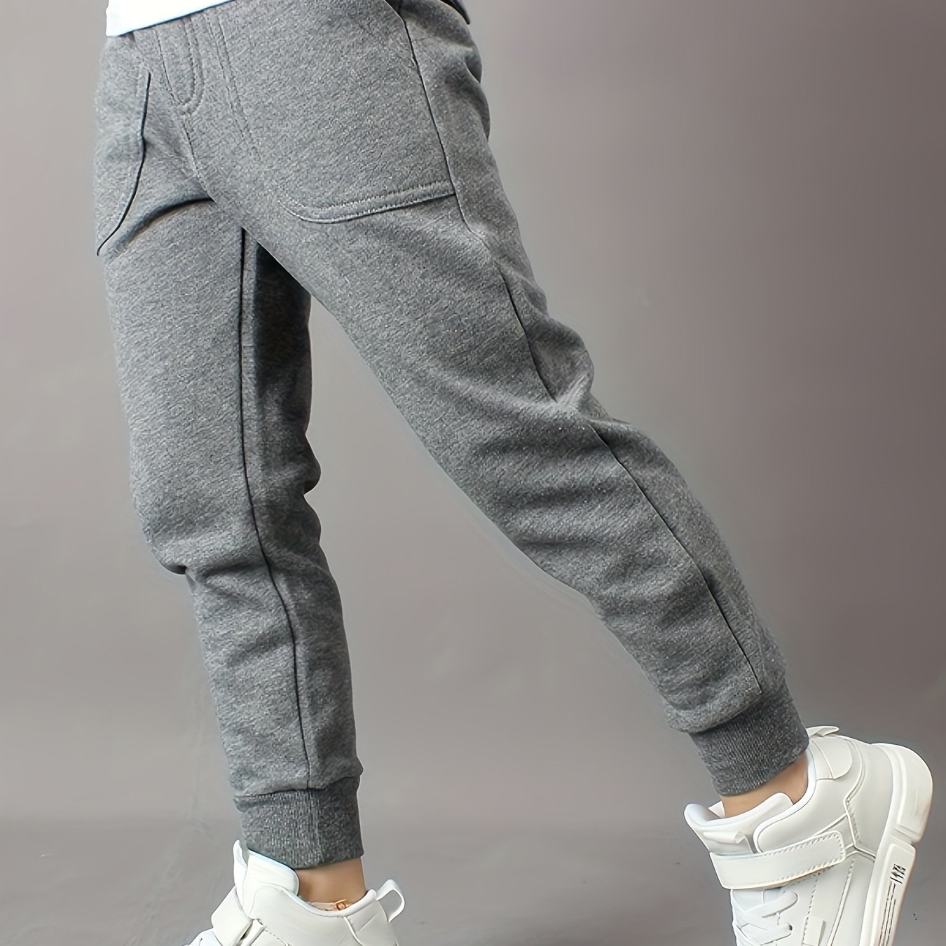 

Kids Boys Athletic Sweatpants, Grey Joggers With Elastic Waistband, Casual Sport Style Long Pants For Everyday Wear