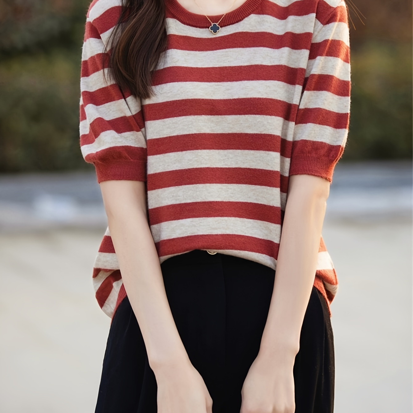 

Striped Pattern Crew Neck Sweater, Versatile Half Sleeve Knitted Top For Spring & Fall, Women's Clothing