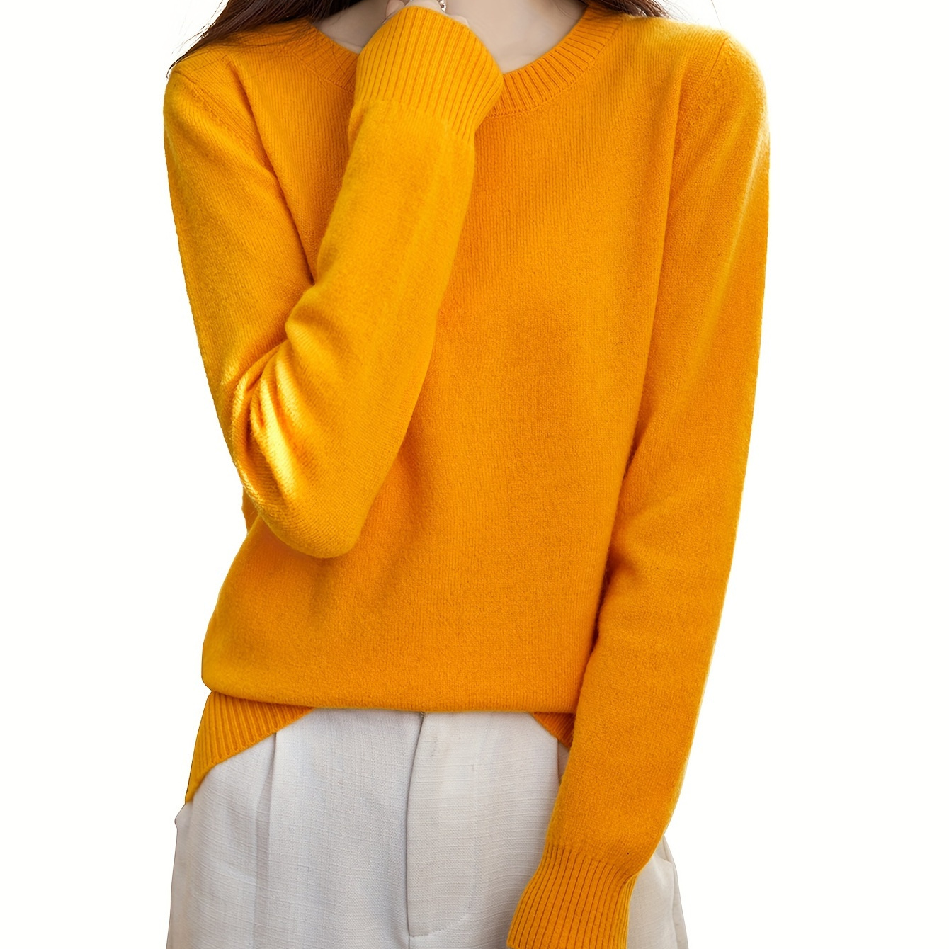 

Solid Crew Neck Wool Pullover Sweater, Elegant Long Sleeve Cozy Sweater, Women's Clothing