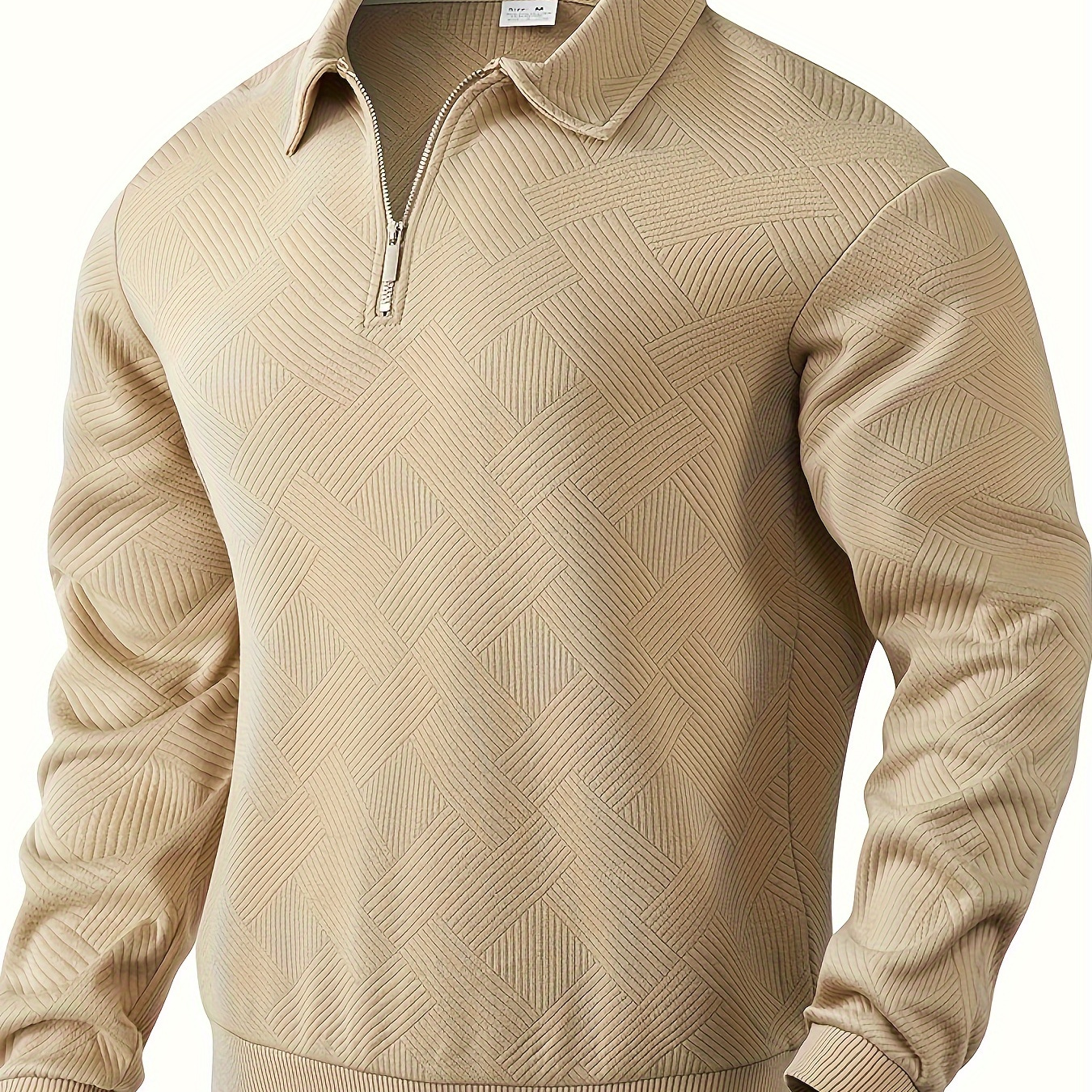 

Men's Casual Henley Pullover Sweater - Geometric Pattern Knit Fabric With Zipper, Polyester & Elastane Blend, Lapel Collar, Slight Stretch For Fall/winter