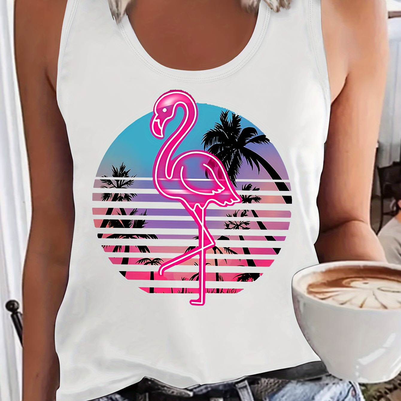 

Flamingo & Tree Print Tank Top, Sleeveless Crew Neck Casual Top For Summer & Spring, Women's Clothing
