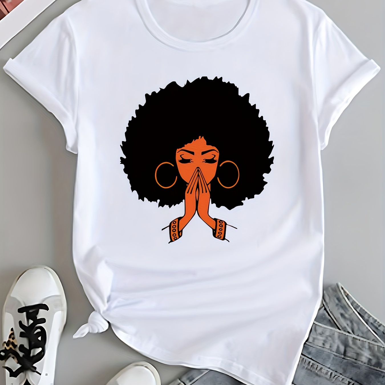 

Women's Casual Round Neck Short Sleeve T-shirt, Afro Girl Print Top, Spring/summer Fashion