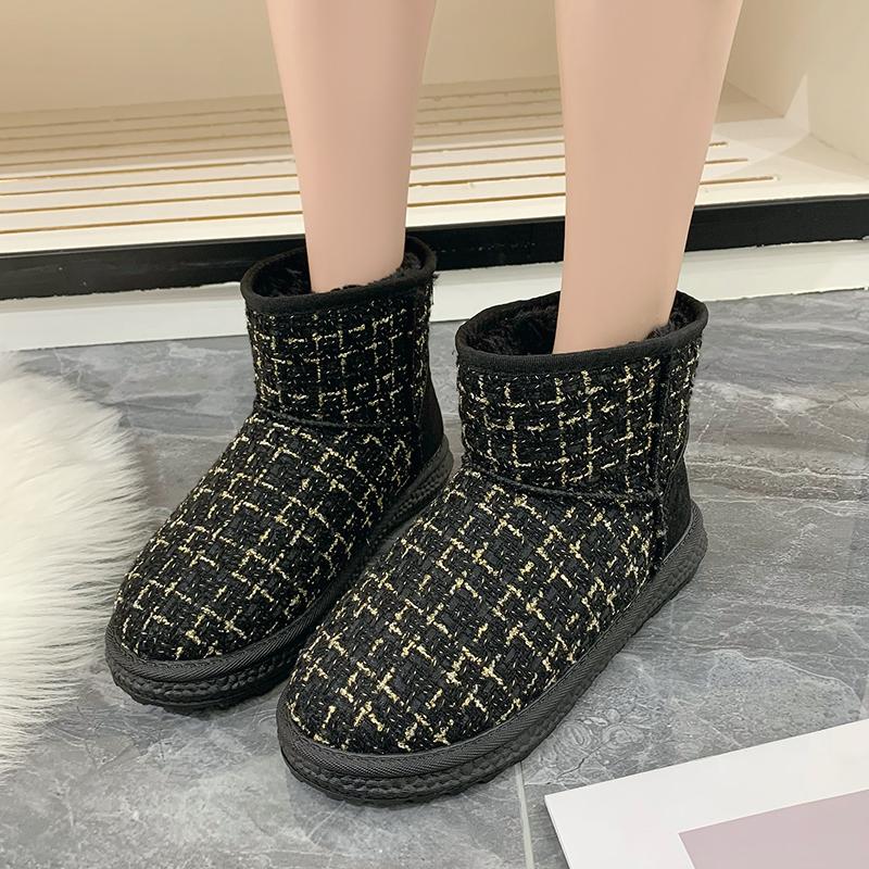 Plaid Pattern Round Toe Snow Boots Black Plush Inside Flat Ankle Boots ...